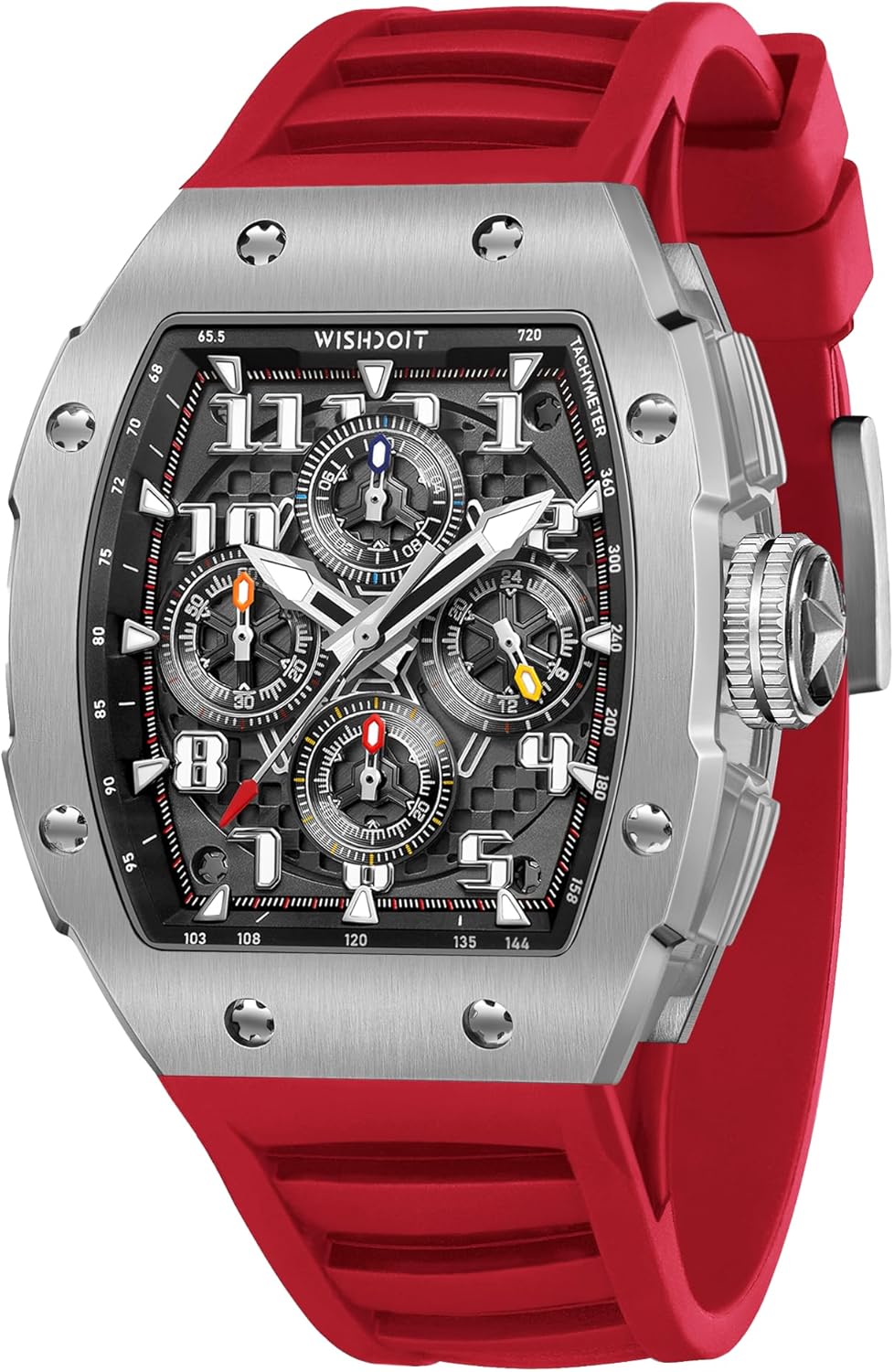 WISHDOIT GT Chronograph Watch Mens Luxury Tonneau Watch Calendar Date Luminous Waterproof Replica Watch for Men FKM Rubber Strap Sport Dress Casual Wristwatch