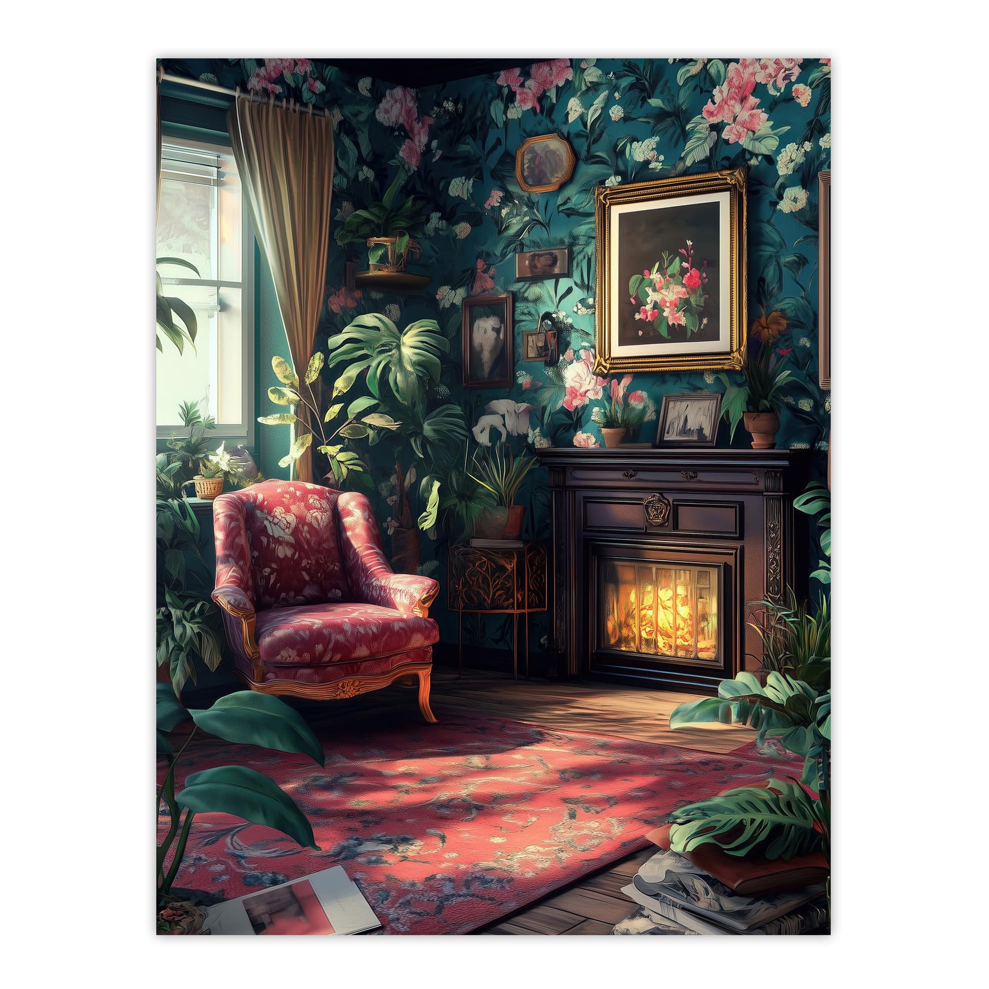 Artery8 Plant Lover Cozy Fireplace Floral Tapestry Living Room Extra Large XL Wall Art Poster Print
