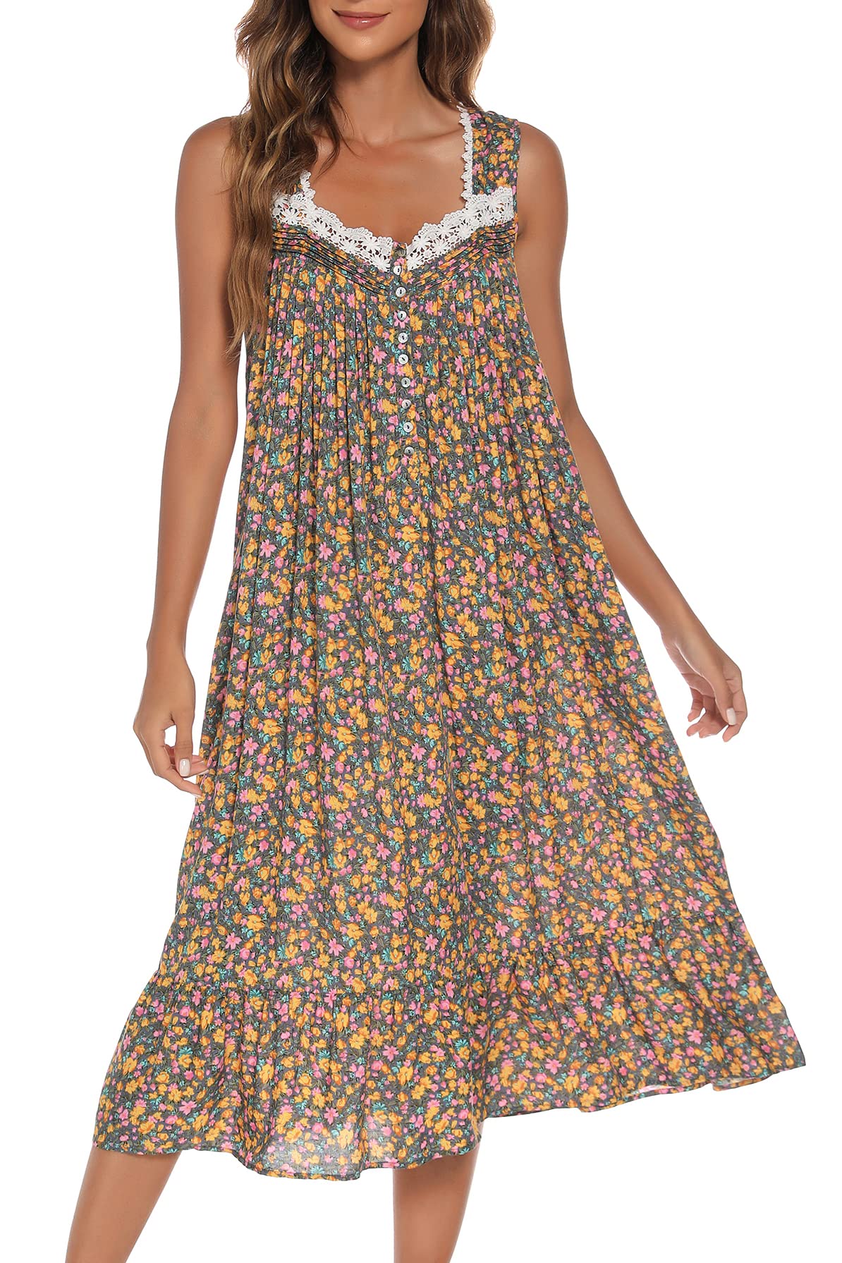 AVIIER Cotton Nightgowns for Women Sleeveless House Dress Ladies Long Nightdress with Pockets S-XXL