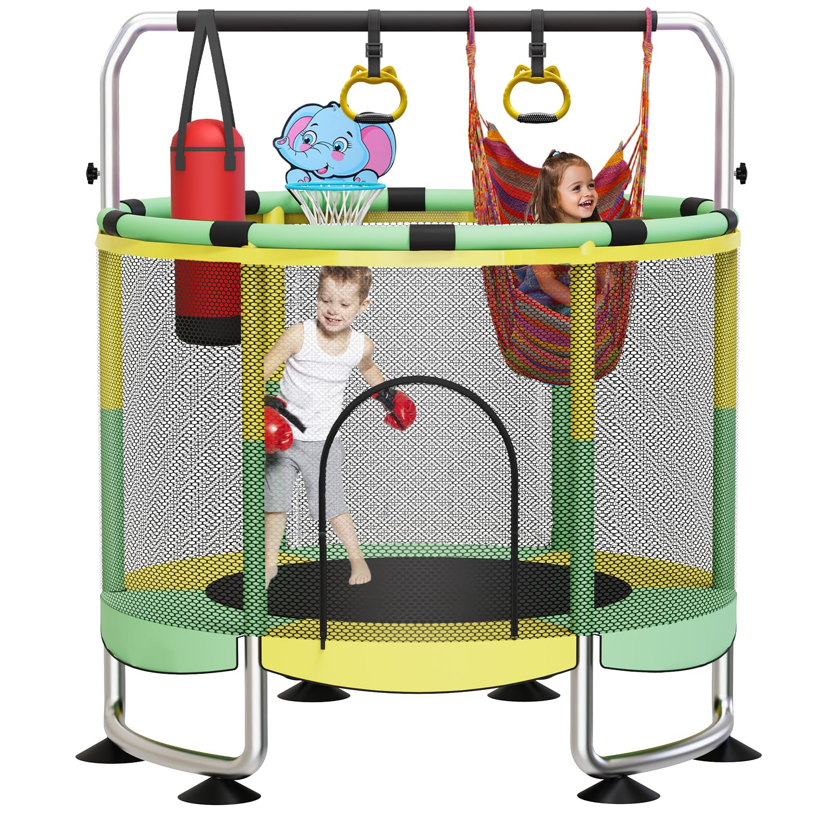 Trampolin Kinder, 150cm Kinder Trampolin Outdoor/Indoor, 200kg verstellbares,mit Basketballkorb und Gehäuse,Geschenke für Jungen und Mädchen Grün