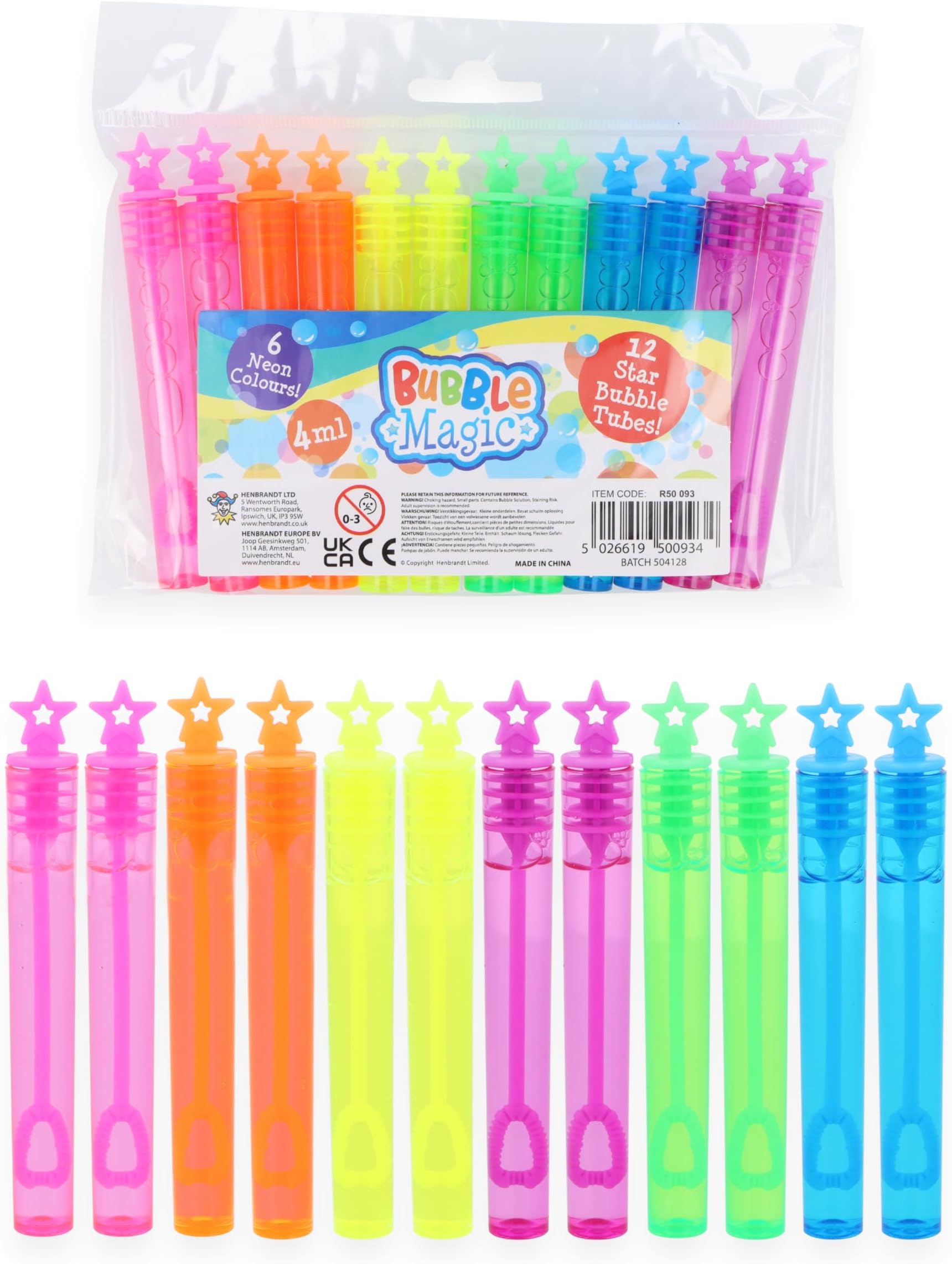 Henbrandt 12 x Neon Star Party Bubble Tubes with Wand Children's 4ml Bubbles Loot Bag Fillers Summer Games for Boys and Girls Kids Party Bags