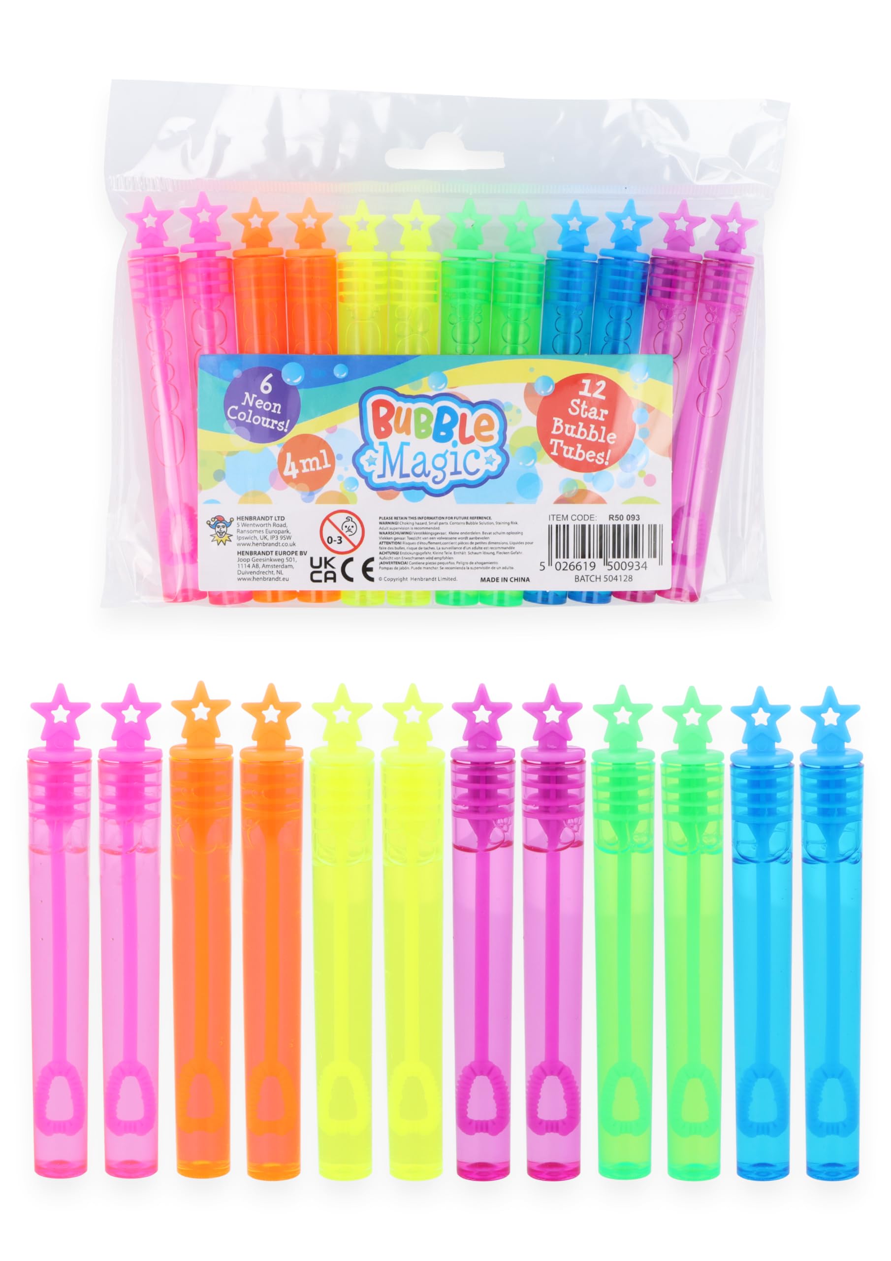 Henbrandt 36 x Neon Star Party Bubble Tubes with Wand Children's 4ml Bubbles Loot Bag Fillers Summer Games for Boys and Girls Kids Party Bags