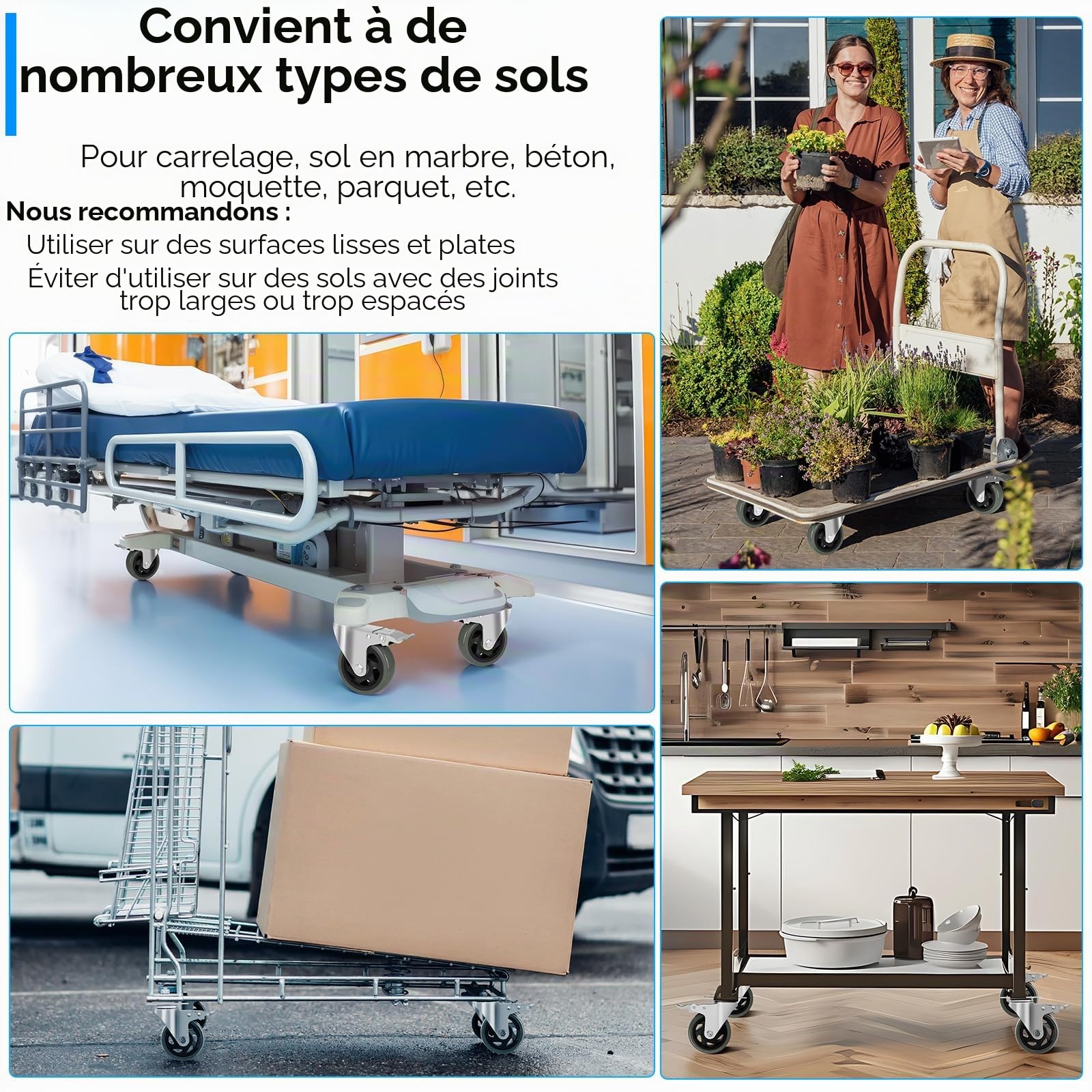 Roulettes Pivotantes 100 mm avec Frein, Lot de 4, Charge Lourde 600 kg | Caoutchouc Anti-Bruit, Parquet, Béton, Moquette, Rotation 360° Fluide, pour Meubles, Ateliers, Chariots Industriels, Gris