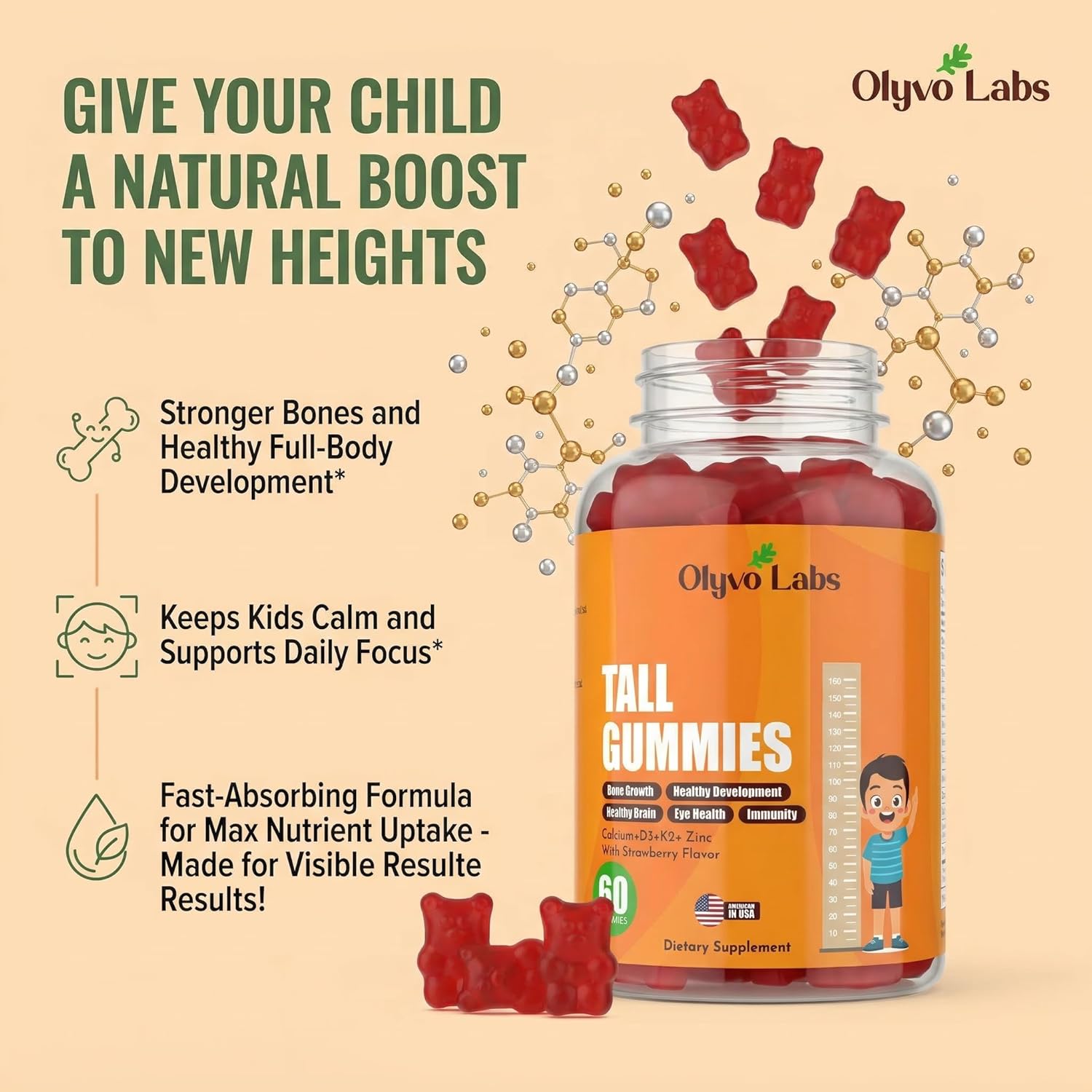 Tall Gummies for Kids Age 2+ & Teens- Tall Gummies with Calcium, Vitamin D3 + K2, Zinc, Magnesium, L-Arginine, Vitamin C for Teen Boys & Girls- Strawberry Flavour 60 Gummies