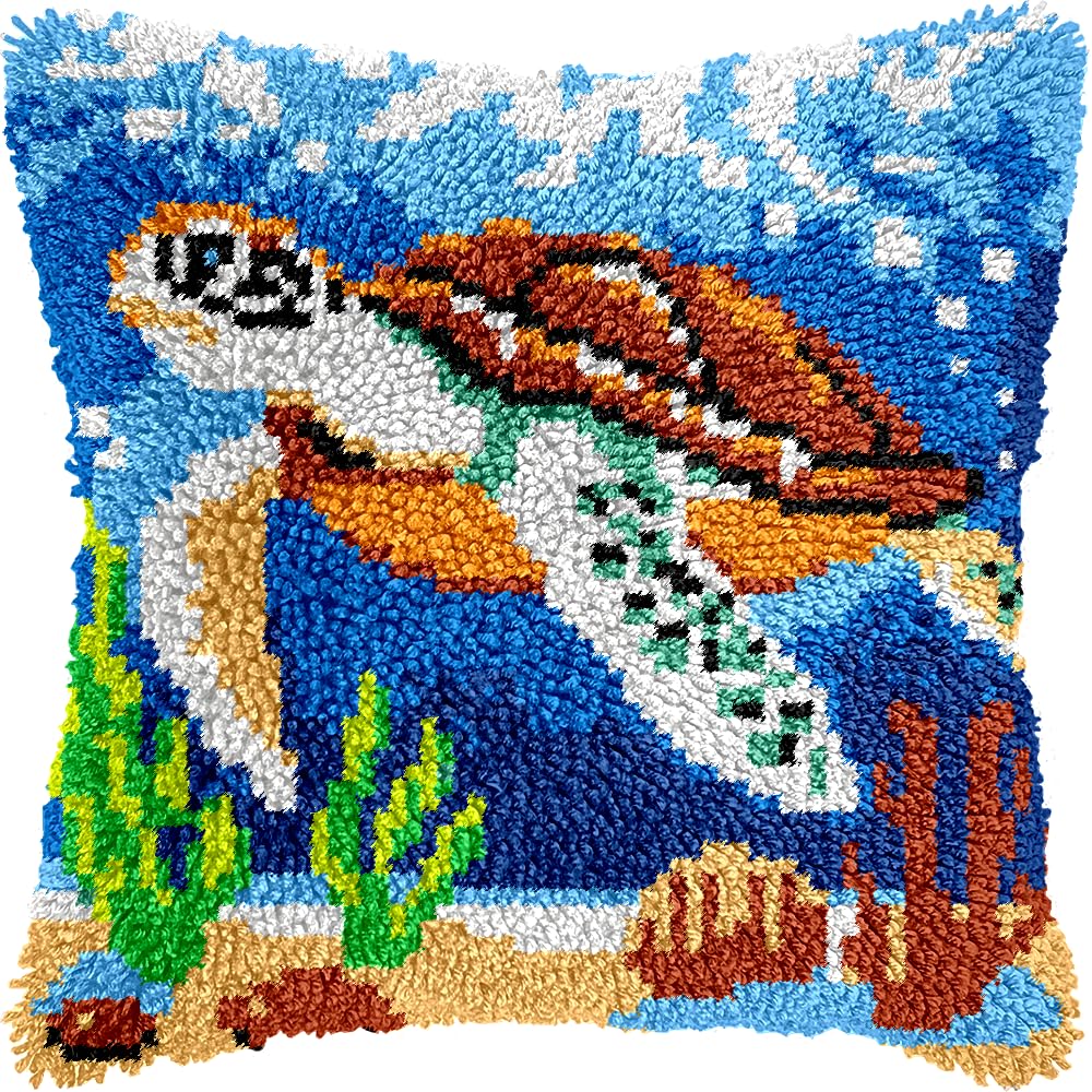 veirousa Traveling Sea Turtle Latch Hook Kits for Adults Kids, Beginners Ocean Latch Hook Pillow Kit Pre-Printed Latch Hook Rug Kits Cross-Stitch Embroidery Cushion for Home Sofa Decoration 17x17 in.
