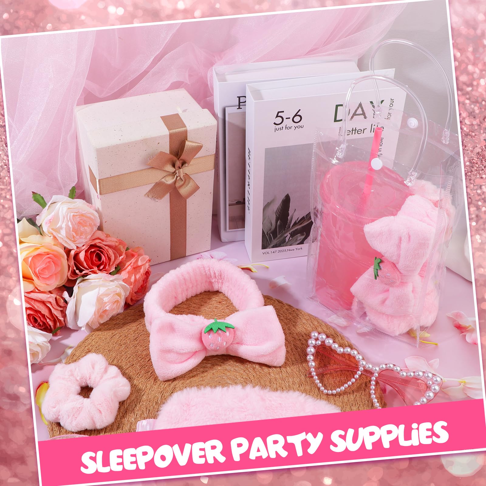 30 Pièces kit Soirée Pyjama Fille Cadeau 6 Chouchous Mignons Pour Femmes 6 Spa Masques de Sommeil En Peluche Rose 6 Gobelets à Paillettes RéUtilisables 6 Bandeaux de Maquillage 6trousses de Maquillage