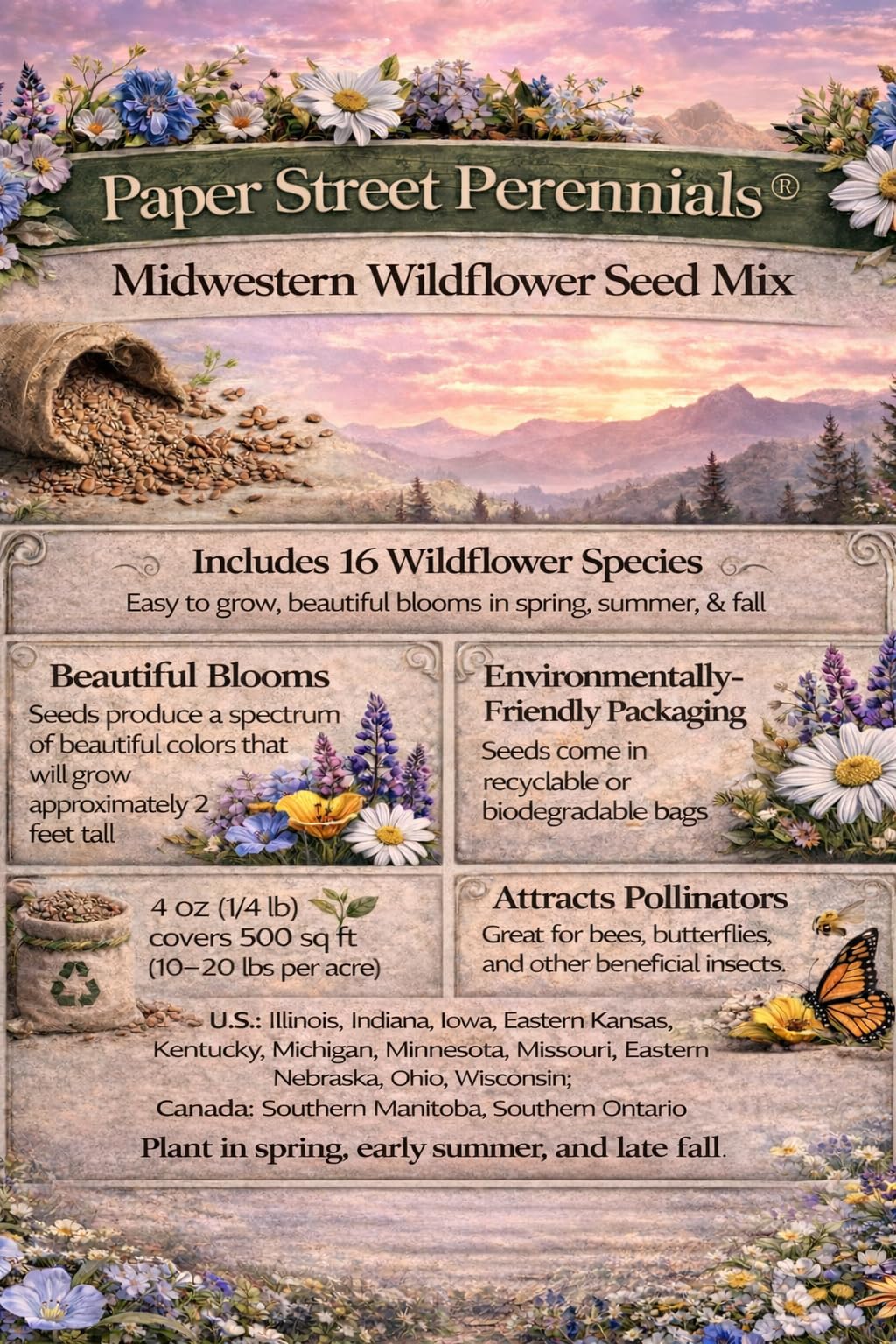 Amazon.com : Minnesota Bulk Perennial and Annual Wildflower Seed Mix 1/4lb  Covers 500sq-ft - Attract Pollinators, Multi-Color Non-GMO Blooms - Midwest  US Species Plant in Spring/Fall (1/4 Pound) : Patio, Lawn &