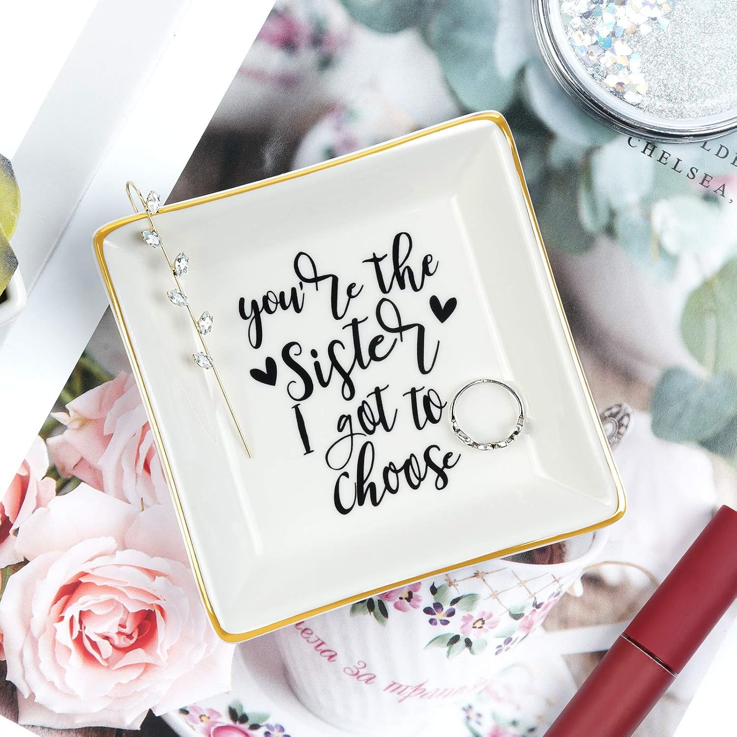 Homlouue Best Sister Gifts for Women, Ceramic Ring Dish You Are the Sister I Got to Choose Trinket Dish Jewelry Tray, Friend Gift for Women Sister Friends Soul Sister Bestie BFF Her