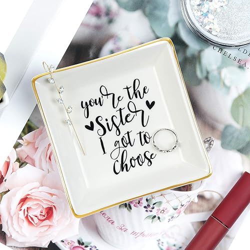 Miniatura 3 de Regalos para la mejor hermana para mujeres, plato de cerámica para anillos con texto en inglés "You Are the Sister I Got to Choice", bandeja de
