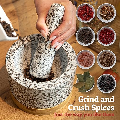 Miniatura 3 de Juego de mortero y mortero de alta resistencia con base de bambú, 2 tazas grandes, mortero de granito 100% natural y cuenco de molinillo de piedra