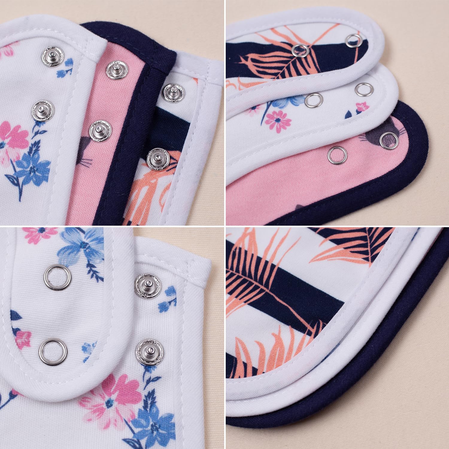 Paquete de 6 baberos impermeables de algodón con estampado de animales y flores para niñas y niños para babear con botones ajustables