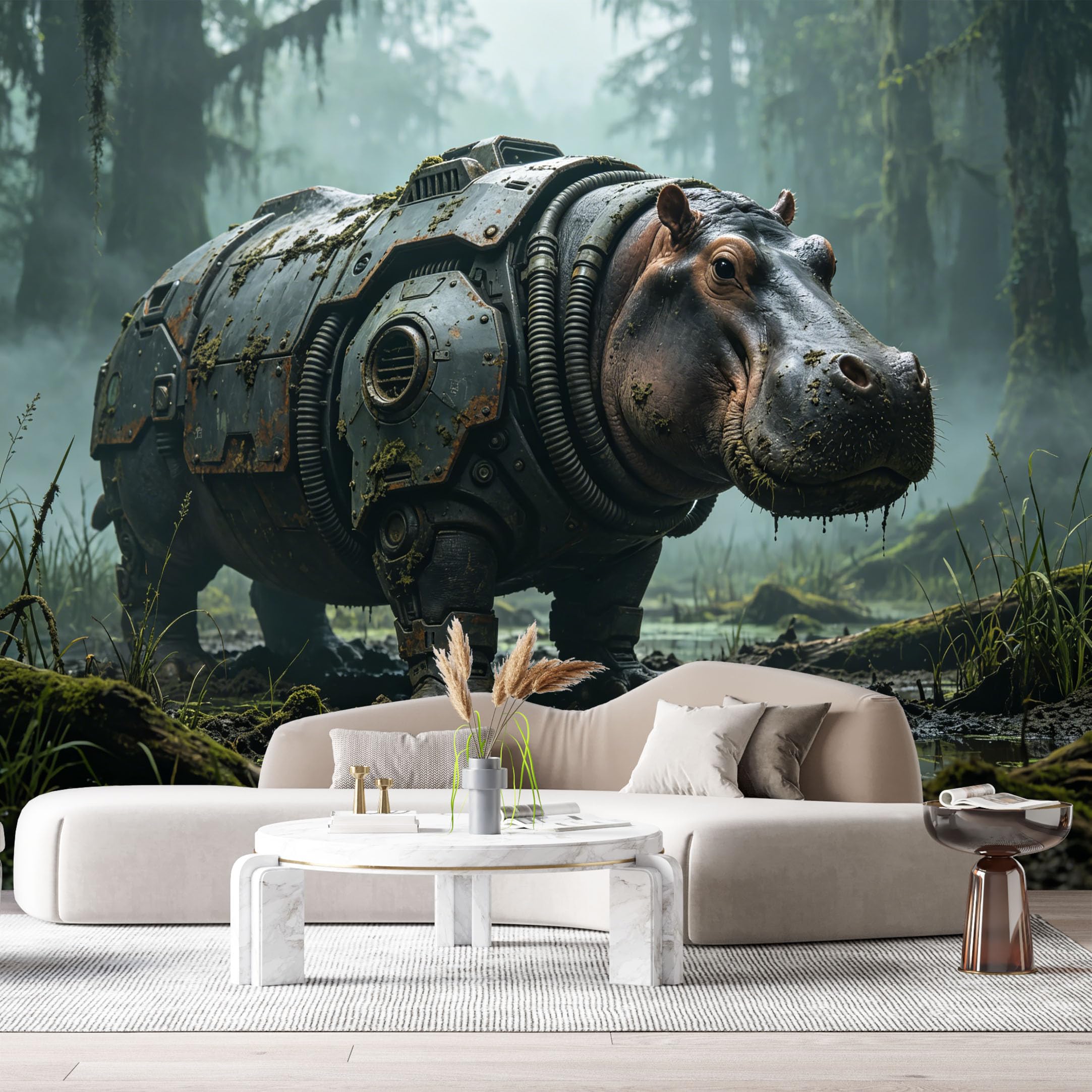 Custom Size Wall Mural Mechanical Armor Hippo Cyber Wildlife Swamp Science Fiction Mech Textured Futuristic Style SelfAdhesive Art Prints Removable Large Wallpaper Esports Game Room Studio