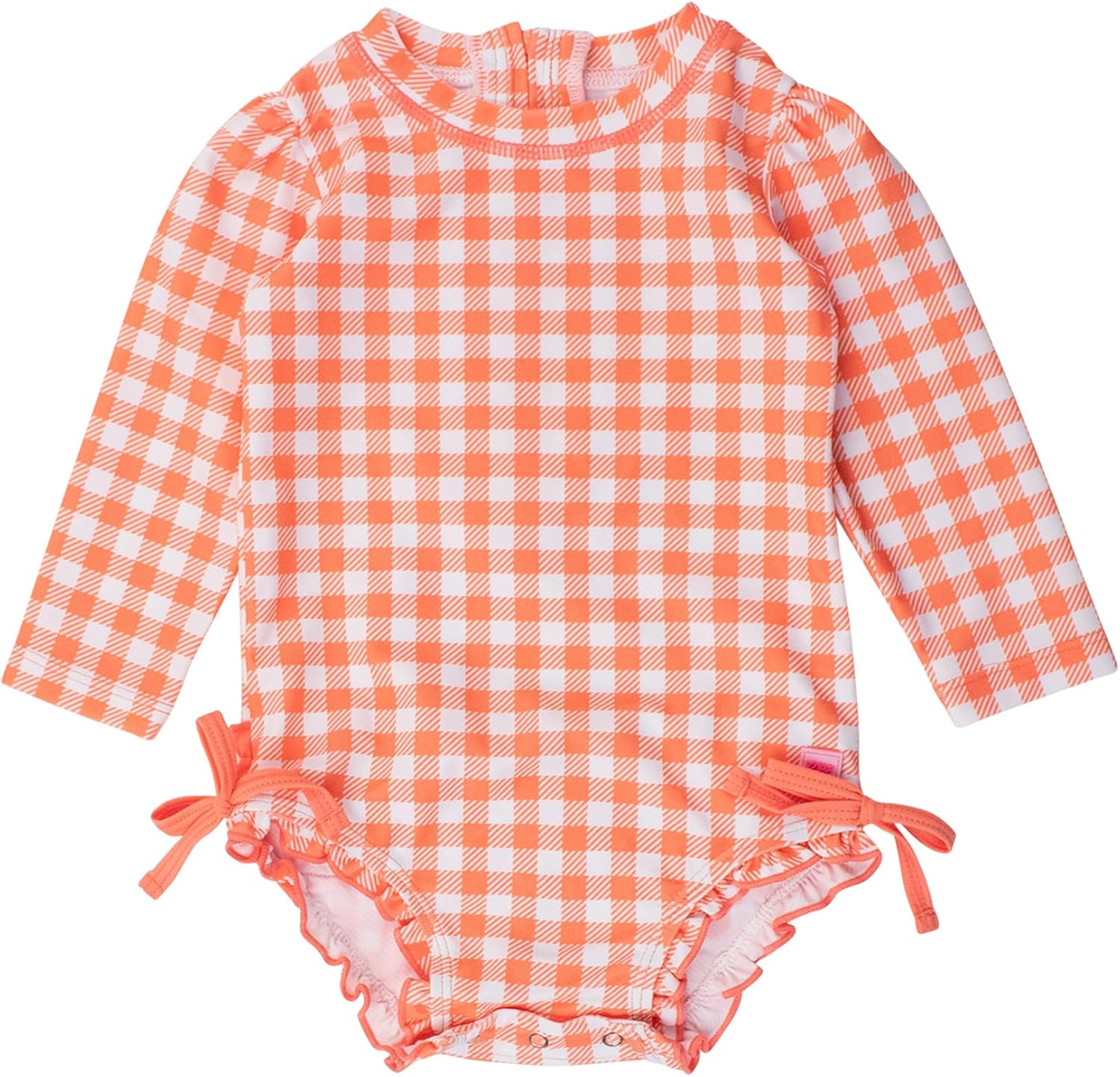 RuffleButts Baby Girls UPF 50+ Sun Protection Gingham Printed Long Sleeve One Piece Rash Guard Swimsuit with Zipper