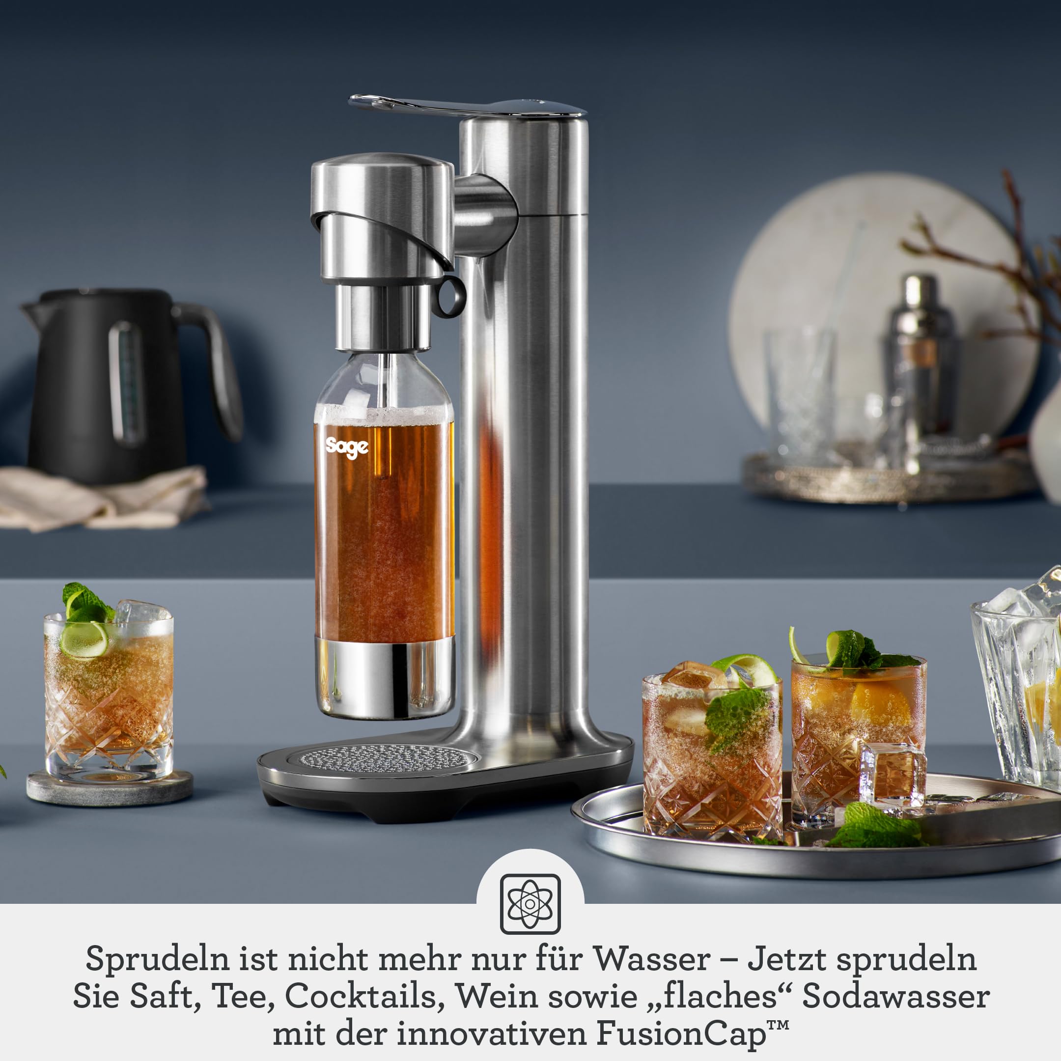 Sage - The InFizz Fusion Home Soda Maker - Für sprudelndes Wasser, Saft, Tee, Cocktails und alle sprudelnden Getränke, Gebürsteter Edelstahl