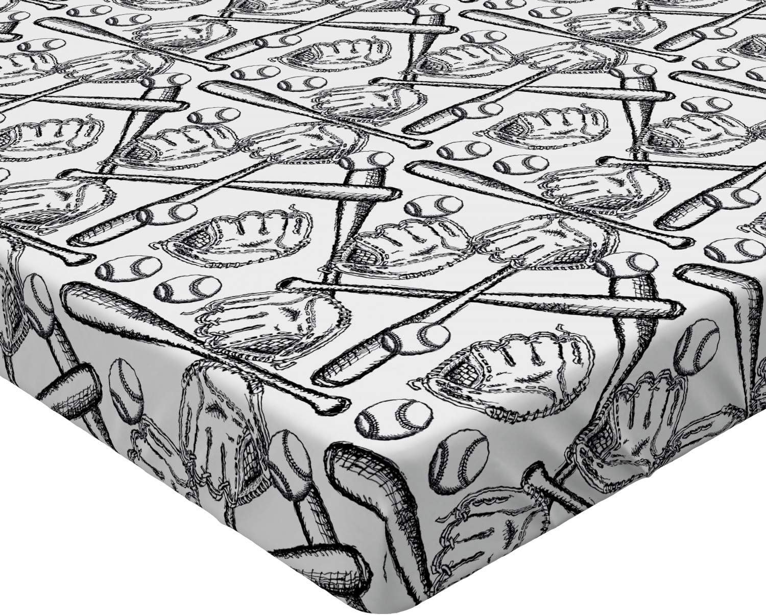 Ambesonne Baseball Fitted Sheet, Sketch Style Monochrome Composition Vintage Bat and Glove Hand Drawn Illustration, Bed Cover with All-Round Elastic Deep Pocket for Comfort, Queen Size, Black White