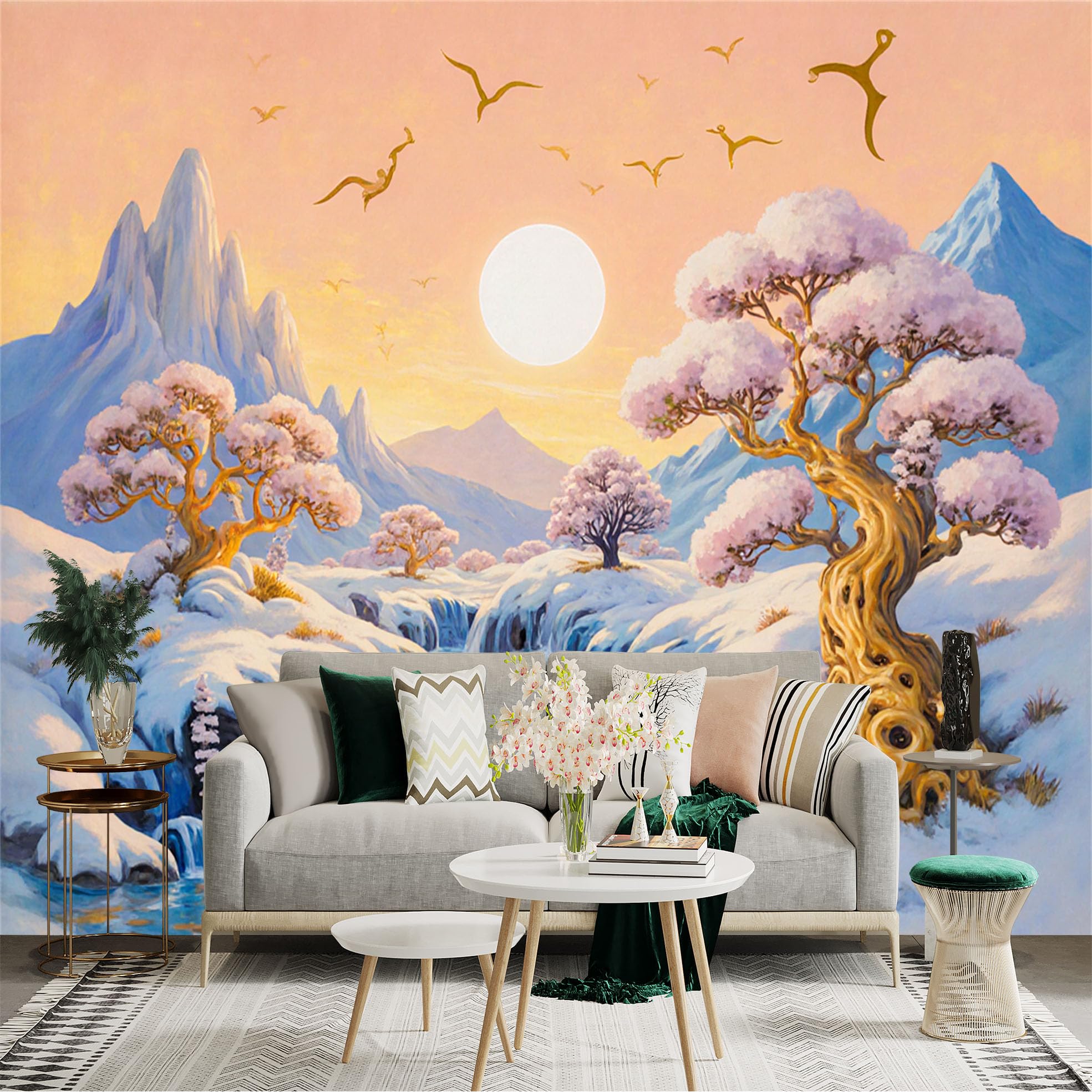 Lnzczhyre Xc260505924 Custom Size Wall Sticker Mural， Snowy Mountain Peaks With Flowing River， Blooming Cherry Blossom Trees， Sunlit Winter Landscape， Flying Birds， For Wall Decoration， Peelandstick Wall Decals.