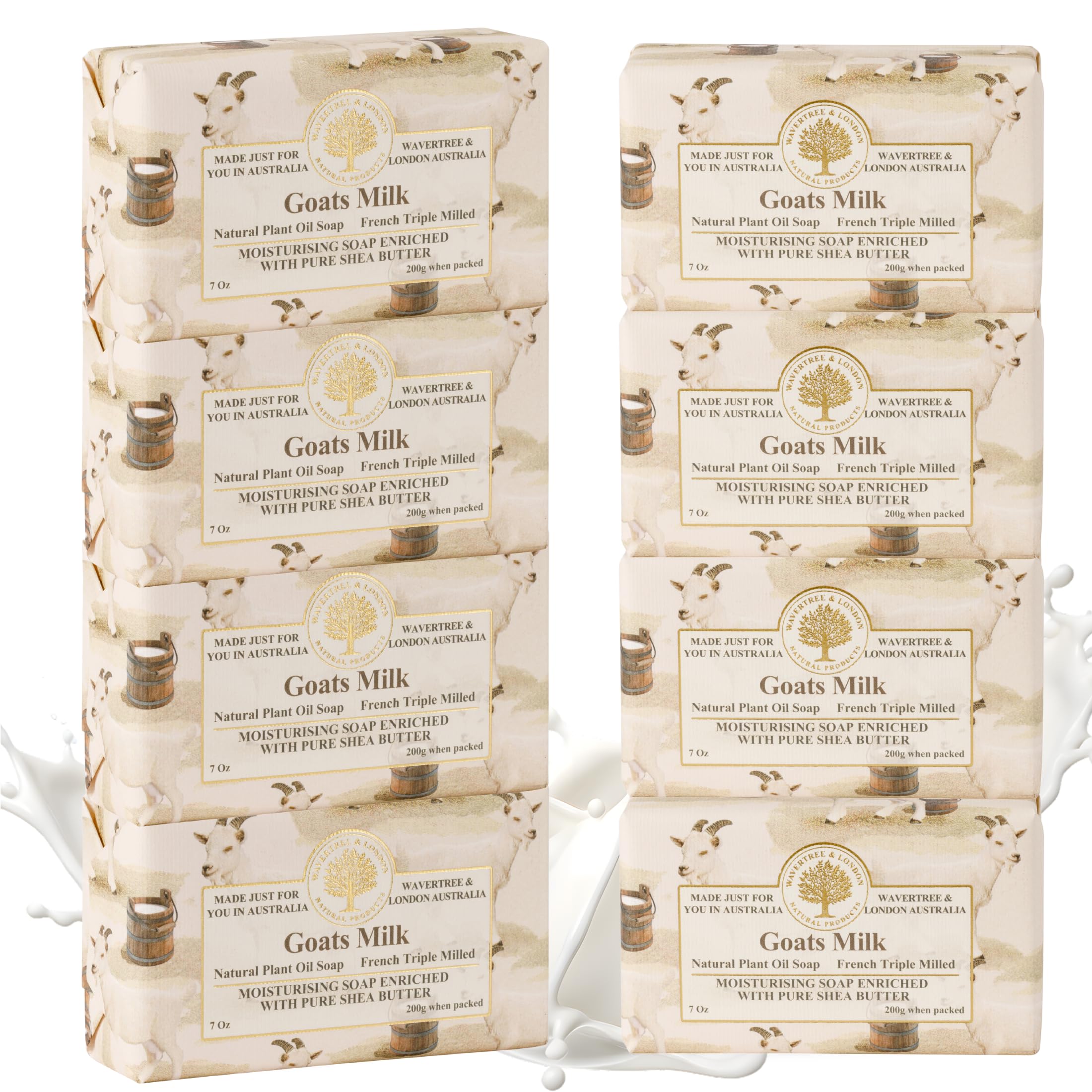 Wavertree & London Goats Milk Scented Natural Soap Bars (Pack of 8), 7oz Moisturizing French Triple Milled Soap Bars enriched with shea butter - Plant Based Bath & Body Bars for All Skin Types