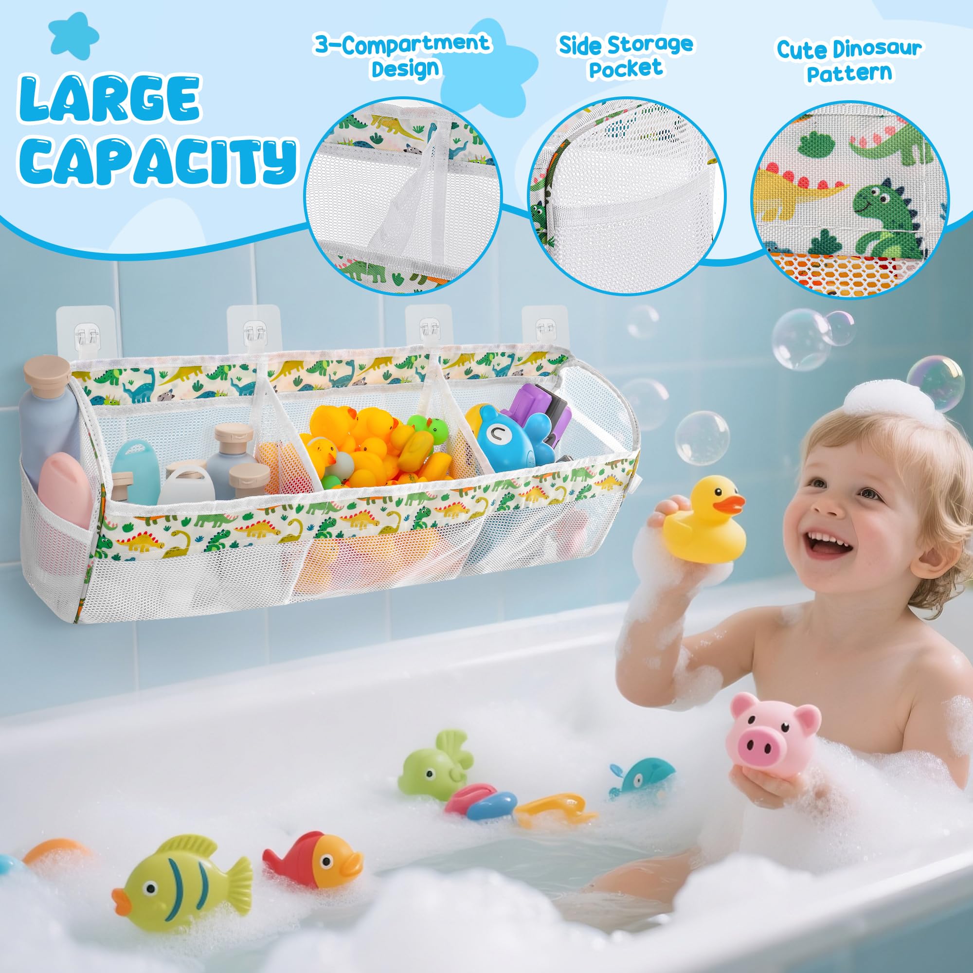Organizador de almacenamiento de juguetes de baño de dinosaurios, soporte de juguetes de baño de 3 compartimentos para tinas con grandes aberturas, gran capacidad y malla de secado rápido, 4 4