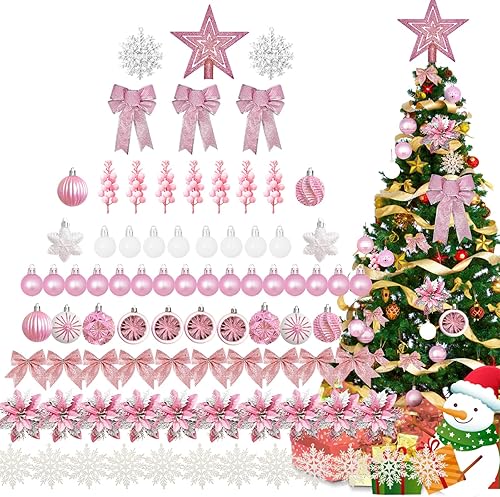 Miniatura 8 de Juego de decoración para árbol de Navidad, 88 piezas de adornos de Navidad dorados con bolas de adornos de Navidad de oro blanco, flores de Pascua