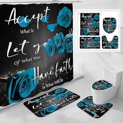 Juego de 4 cortinas de ducha color verde azulado con alfombra antideslizante, cubierta para tapa de inodoro y tapete de baño, Thankful Grateful