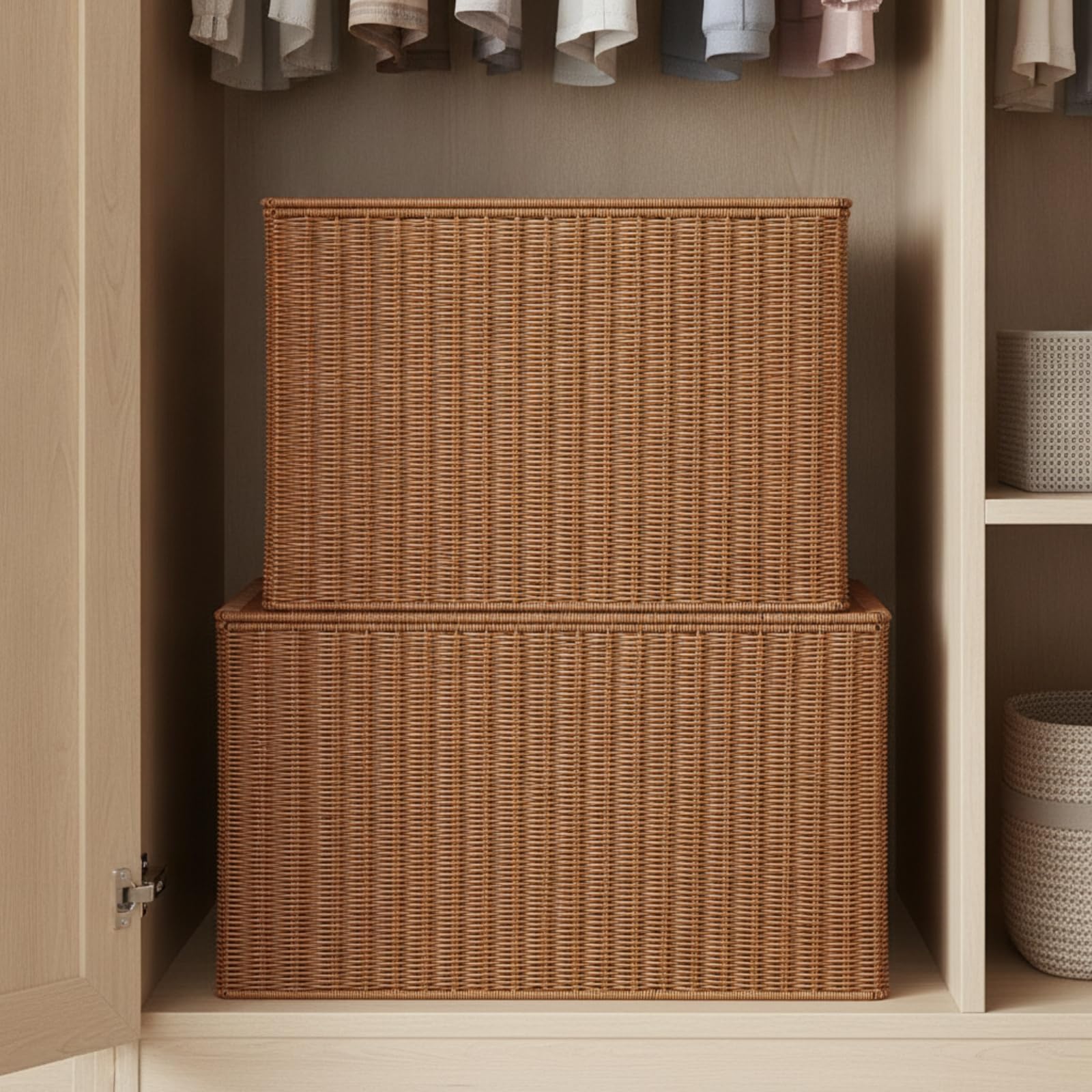 Cesto Portaoggetti con Coperchio Rettangolare Scatola in Finto Rattan Naturale Cesto in Rattan per Armadio, 50x35x31cm