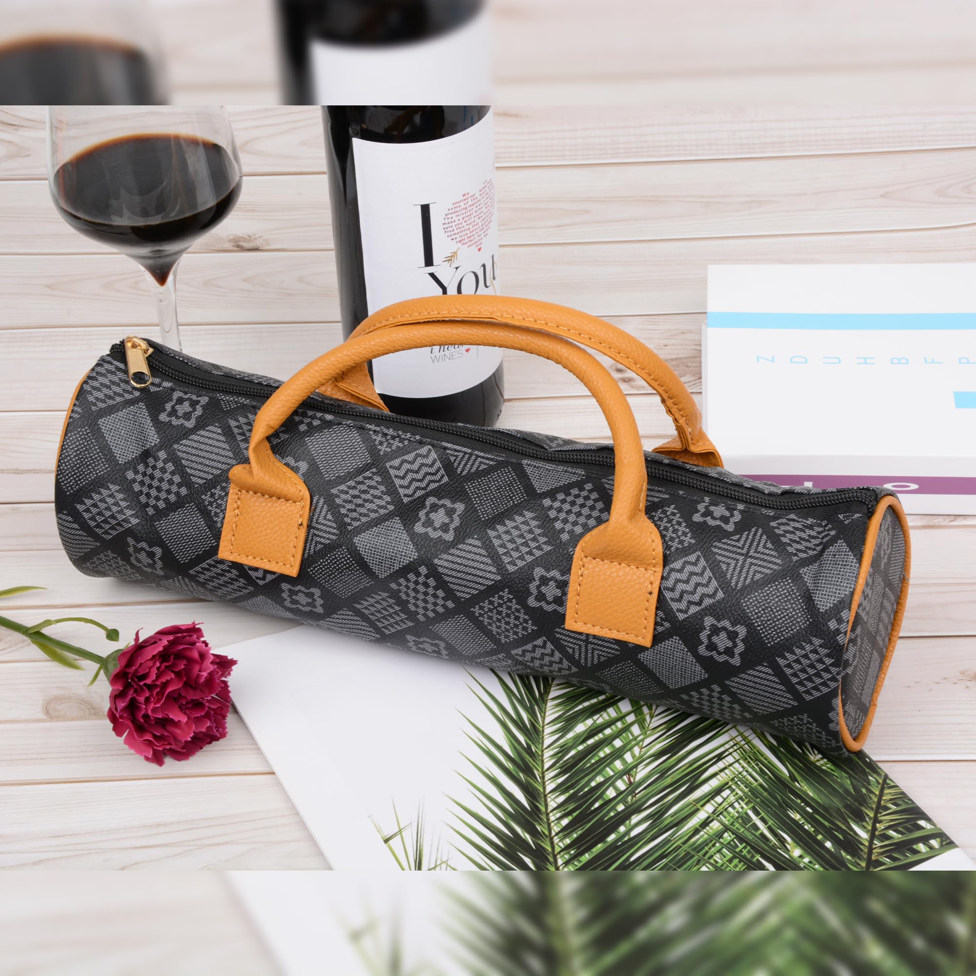 NUOYIA Portable PU Leather Bottle Wine Tote Carrier, Reusable Bottle Padded Case with Handles, Insulated Wine Cooler Bag - Image 4