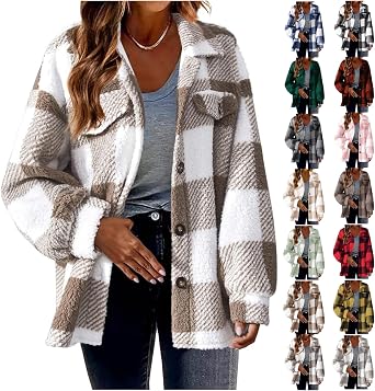 Womens Flannel Shirts Warm Plush Shacket Jackets Button Cardigan Trendy Plaid Fleece Fuzzy Winter Coats Outerwear