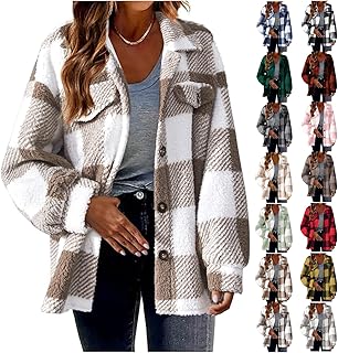 Womens Flannel Shirts Warm Plush Shacket Jackets Button Cardigan Trendy Plaid Fleece Fuzzy Winter Coats Outerwear