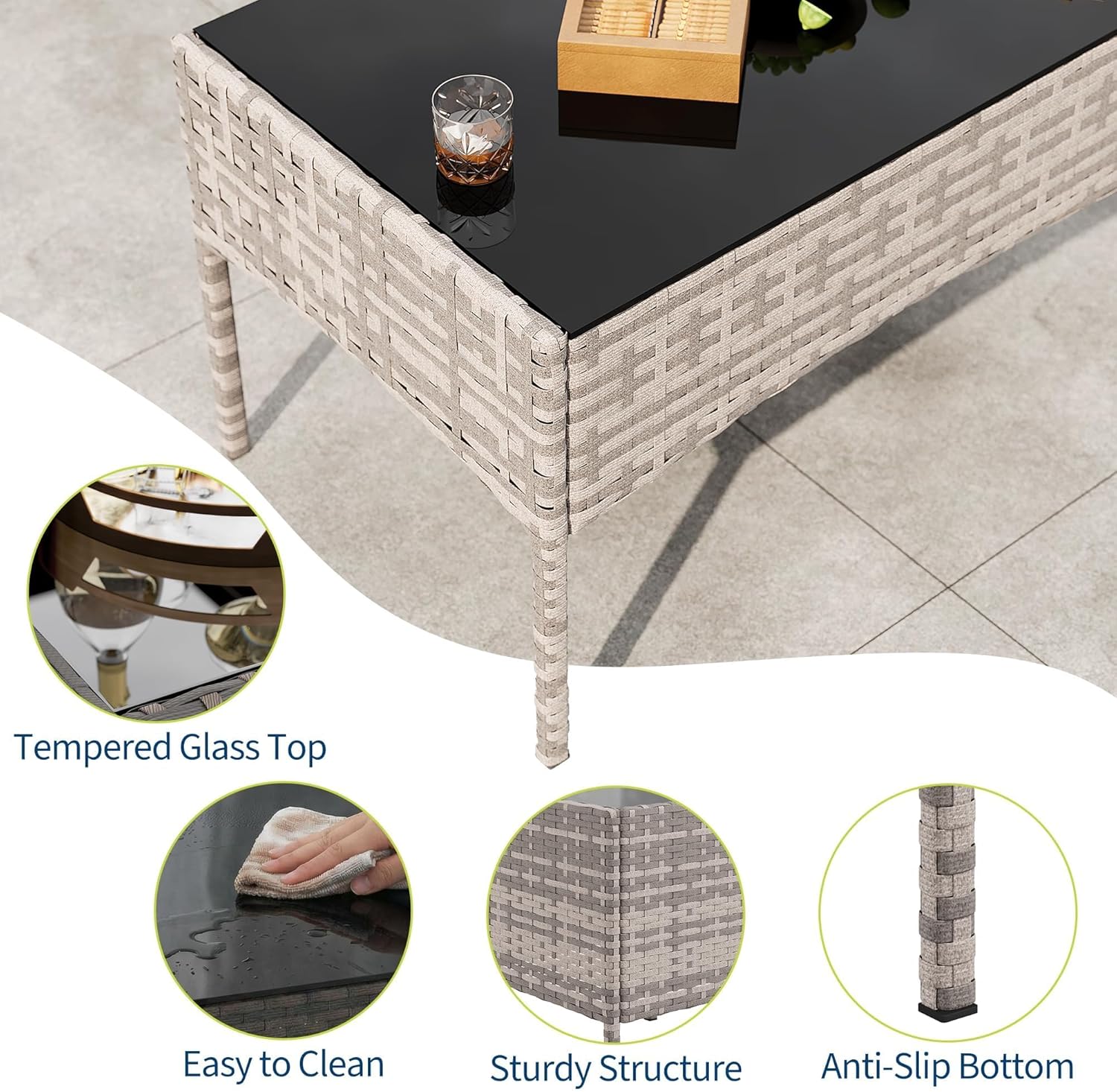GarveeLife 4-Piece Patio Furniture Set, Rattan Outdoor Furniture with Upholstered Sofa, 2 Chairs & Coffee Table, Modern Conversation Bistro Set for Garden Backyard Porch (Grey and Blue)