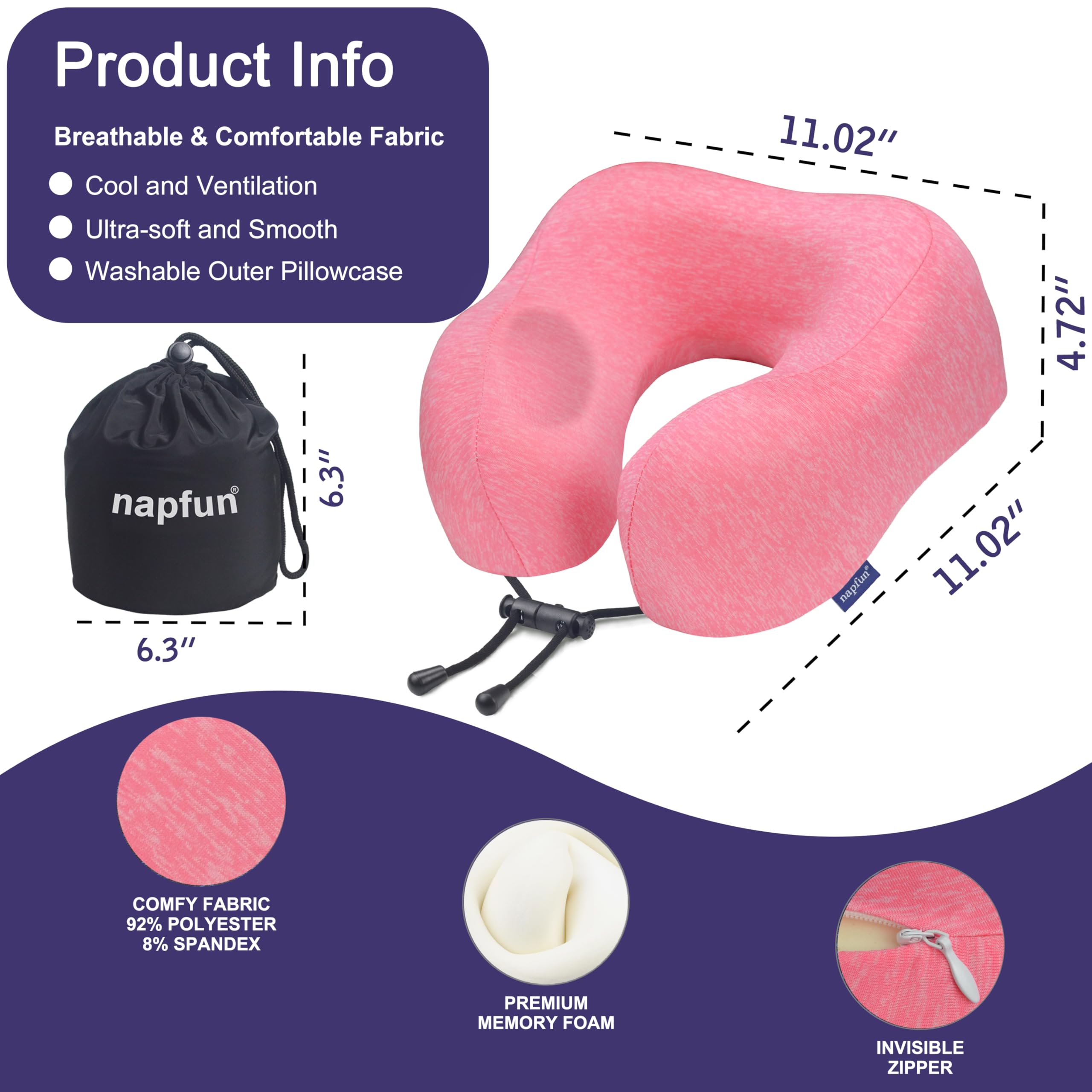 napfun Neck Pillow for Travel, Memory Foam Airplane Pillow, Rose view 2