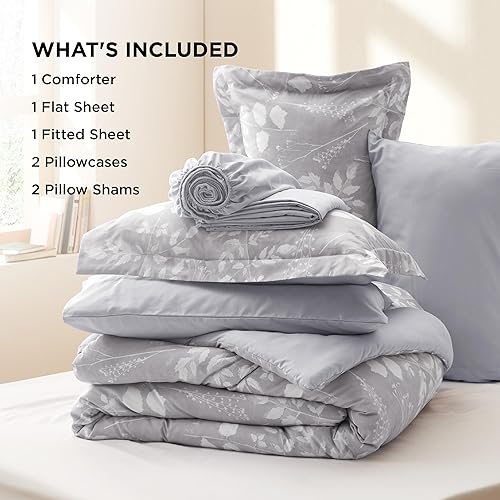Miniatura 7 de Bedsure Juego de edredón King  7 piezas de ropa de cama gris floral en una bolsa con edredón reversible de flores botánicas, sábanas, fundas de