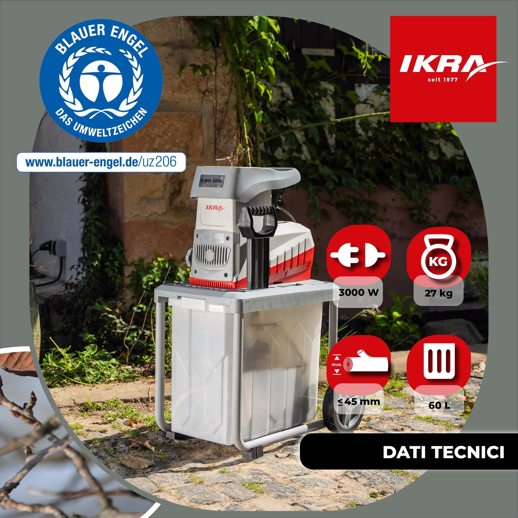 IKRA trituratore elettrico ILWH 3000, per rami Ø 45 mm, Blauer Engel | Motore a induzione, 3000W, alimentazione automatica dei rami, interruttore a levetta per la retromarcia