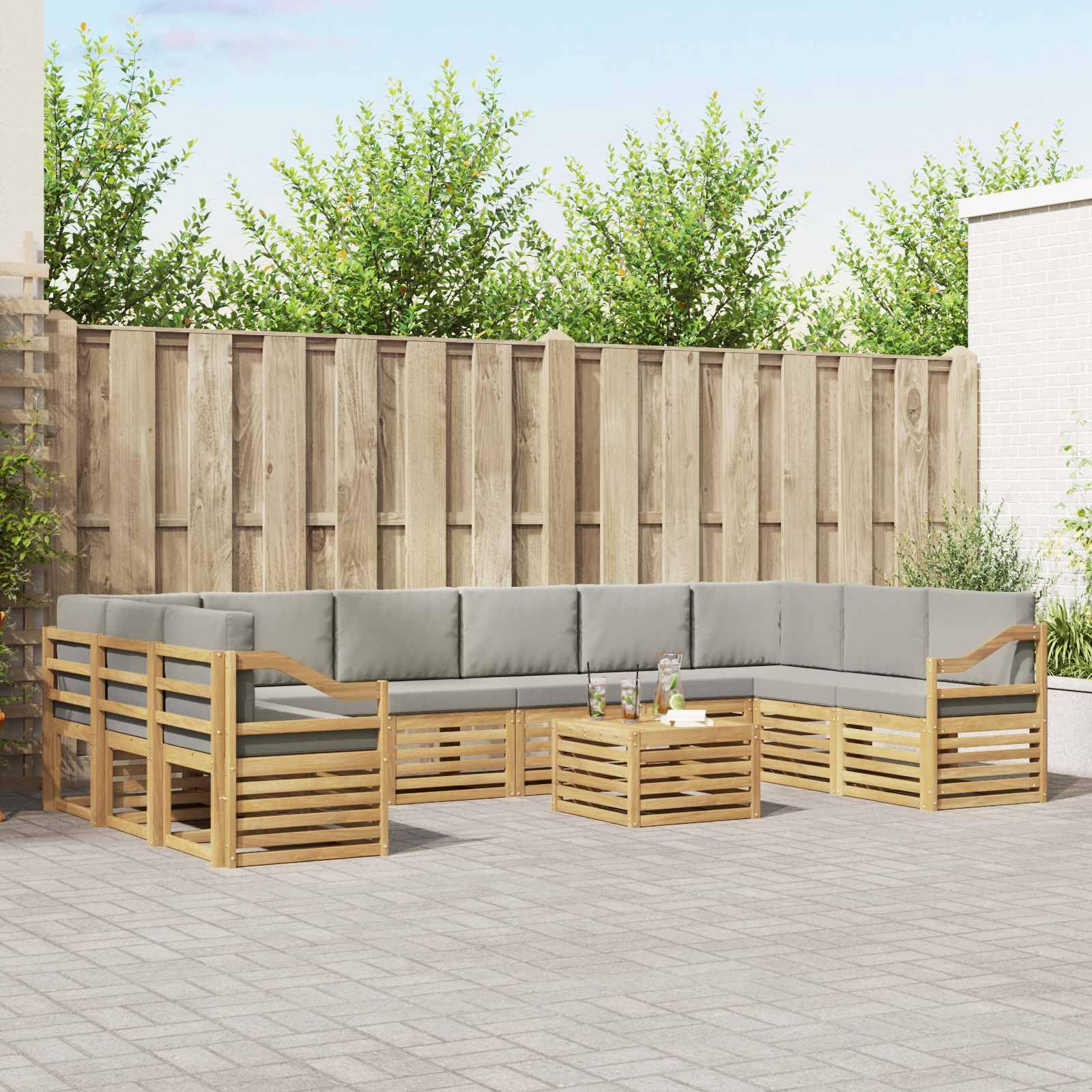 Ensemble de Canapés d'Extérieur 11 Pièces en Bois d'Acacia Massif avec Coussins, Salon de Jardin Modulable 10 Places pour Terrasse et Jardin, Style Moderne Lattes Blanc et Gris Clair