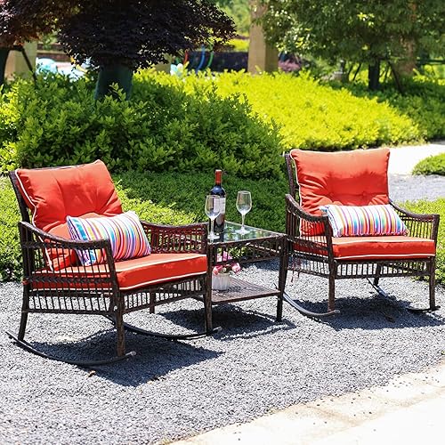 Miniatura 8 de Mideyi - Juego de mecedoras para patio, juego de 3 piezas para conversación al aire libre, sillas mecedoras de mimbre con cojines y mesa auxiliar