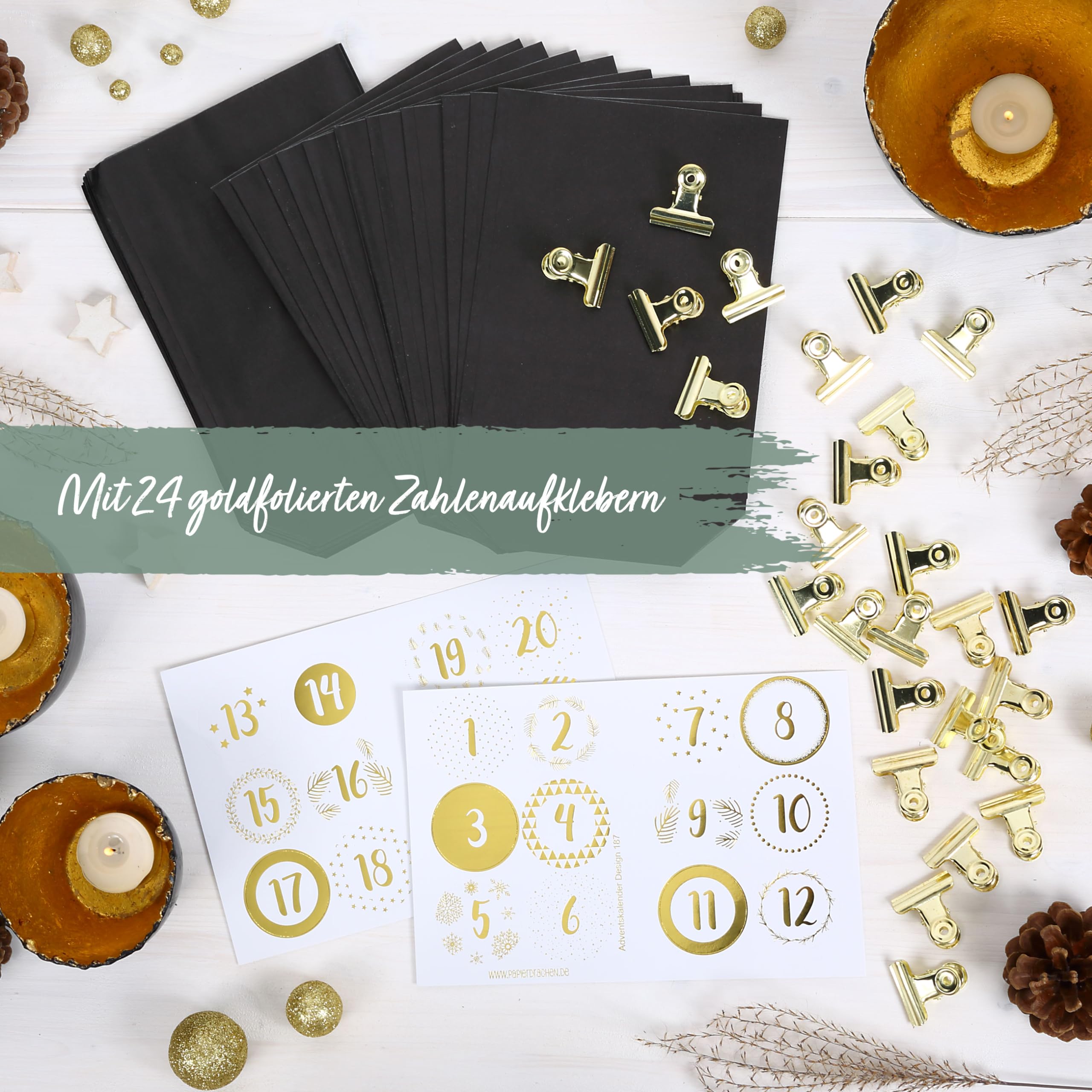 Papierdrachen Extravagant Advent Calendar for Filling with 24 black Gift Bags and 24 Number Stickers and Pegs with Elegance Motif for Crafts Gift-Giving Christmas and Advent - Image 3
