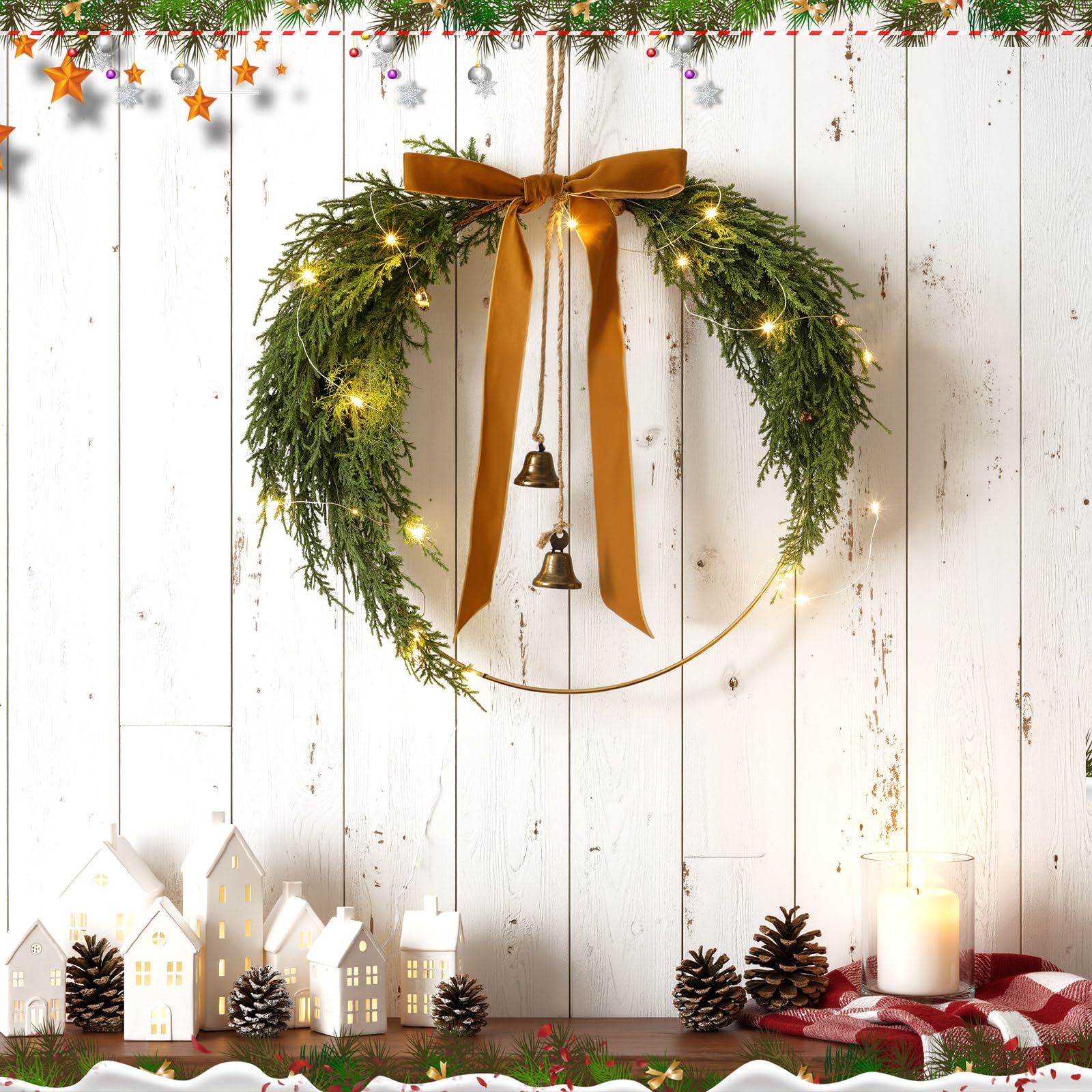 Hungdao Lot de 2 couronnes de Noël en pin avec nœud lumineux de 30 cm - Décoration rustique pour fenêtre et mur - Décoration à suspendre (pin cèdre)