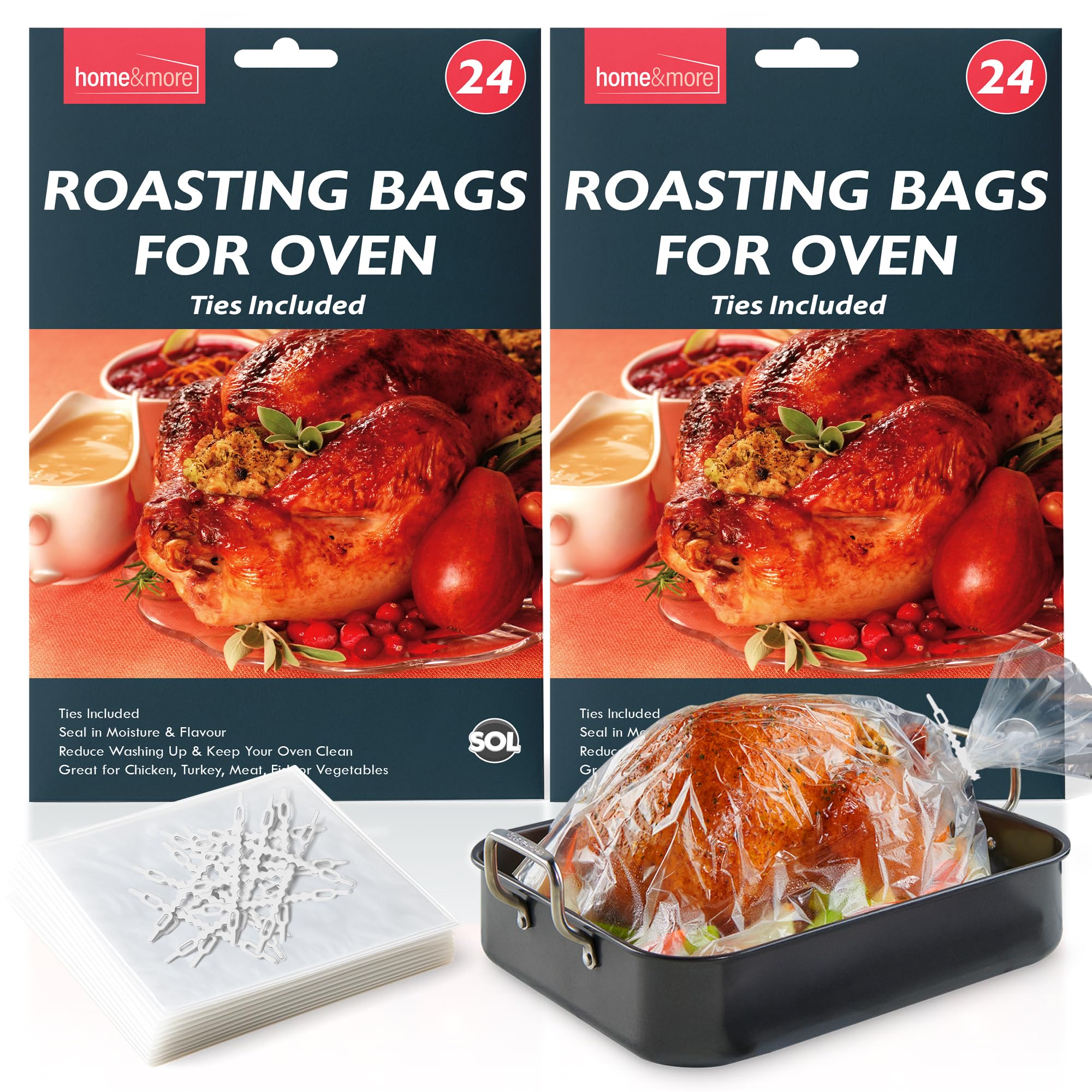 SOL 48pk Roasting Bags for Oven with Ties Included 38x25cm Multipurpose Heat Resistant Leak Proof Cooking Pouches for Poultry Meat Vegetables Turkey Beef Festive Meals Home Use