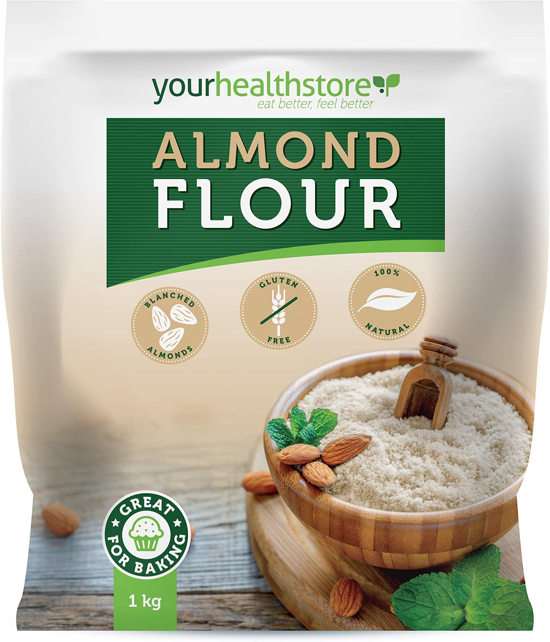 yourhealthstore® Dried Almond Flour 1kg, Finely Ground Almonds, Gluten Free, from California (Resealable and Recyclable Pouch).