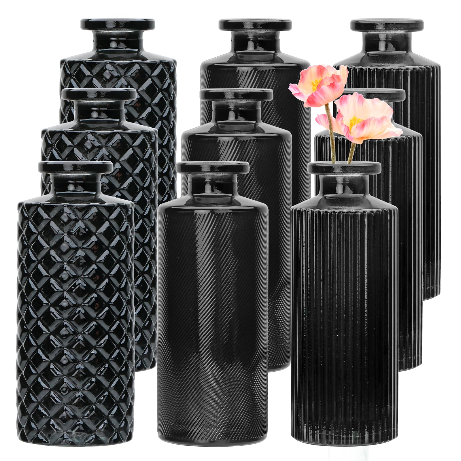 Brajttt Glass Bud Vase Set in Bulk, 9pcs Mini Vintage Flower Vases for Wedding,Black Relief Vase for Centerpieces,Home Table Flower Decor, Party Decorations