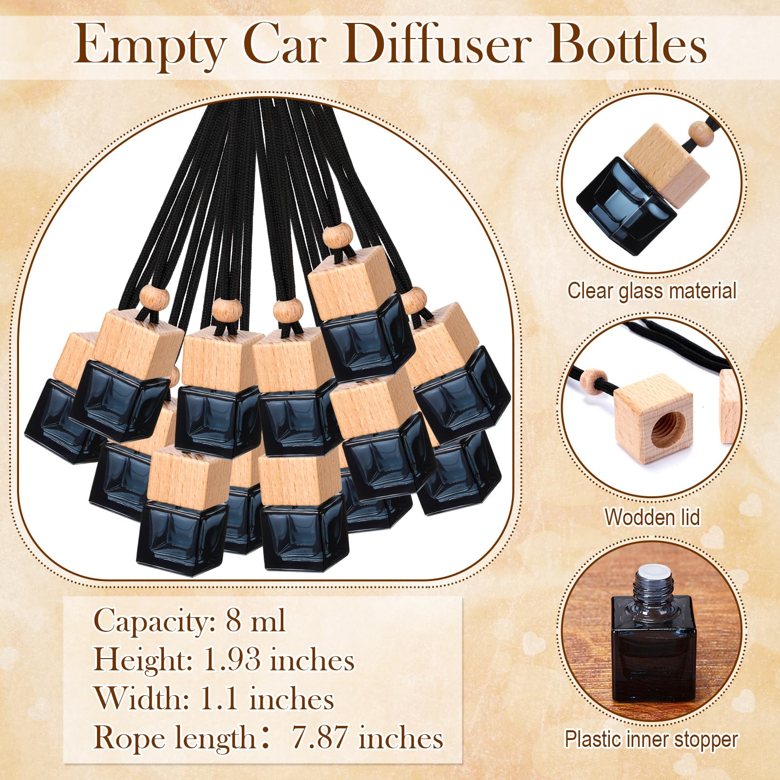 Boao Set di 50 flaconi profumatori per auto da appendere, con 2 diffusori da 9,9 cm, istruzioni per diffusore di oli essenziali vuoti per auto (quadrato nero, cartoncino nero)