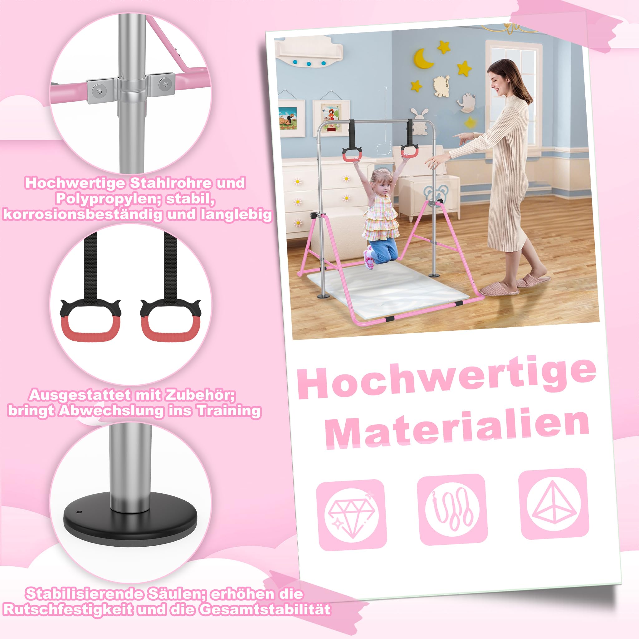 UISEBRT Asta da ginnastica regolabile per bambini, pieghevole, altezza regolabile 91-133 cm, carico massimo 140 lbs, bar da ginnastica indoor per bambini, ideale per 3-8 anni