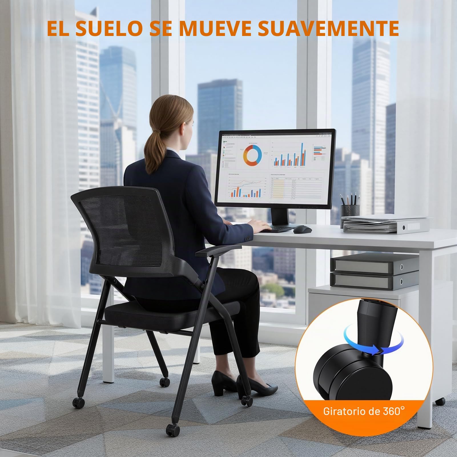 Silla de oficina plegable, respaldo ergonómico de malla con ruedas de PU y reposabrazos lisos, silla de invitados apilable para sala de conferencias, reuniones, recepción, color negro
