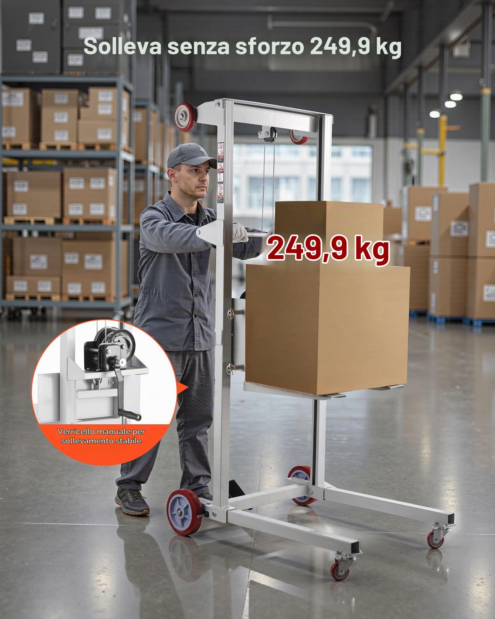 VEVOR Carrello Elevatore a Verricello, Altezza di Sollevamento di 178 cm, Carrello Elevatore a Verricello Manuale a Transpallet con Capacità di 249,93 kg, con Ruote e Forca Regolabile