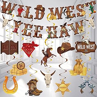 Aoyama Cowboy Party Decorations Banner Hanging - Wild West Party Decorations Set Yee Haw Banner Cowboy Hat Boots Race Hanging Swirls for West Cowboy Themed Party Boys Birthday Party