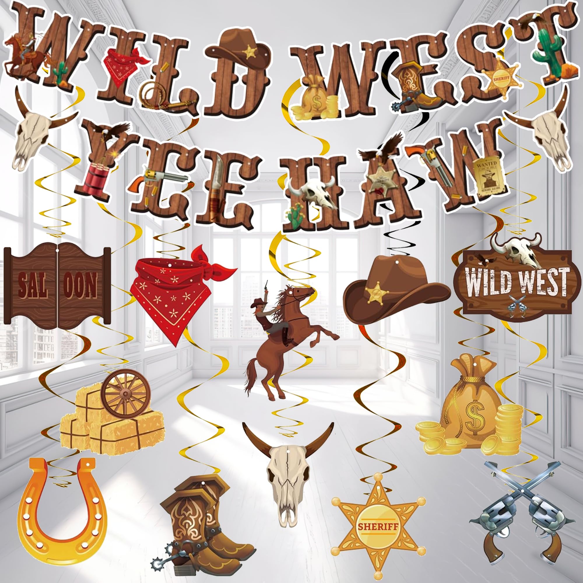 Cowboy Party Decorations - Wild West Banner Yee Haw Cowboy Hat Boots Race Swirls Themed Boys Birthday