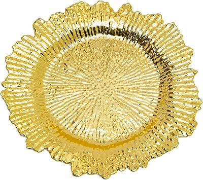 Charger Plates 4 Sets of 96 Total, 13 Inch Reusable Round Reef Chargers for Dinner, Plastic Service Plate Bulk for Wedding, Catering Table Setting Gold
