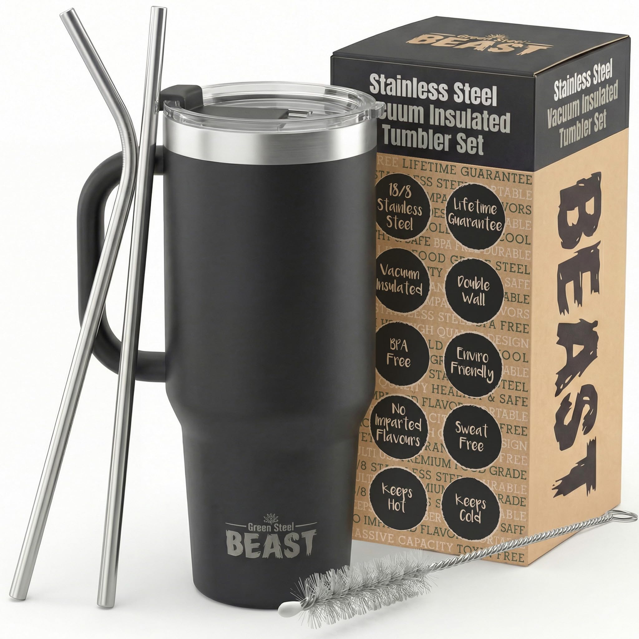 Beast Tumbler - 1300 Ml (42 Oz), Nero Opaco | Tazza In Acciaio Inox Riutilizzabile, Isolante Sotto Vuoto | Con + 2 Cannucce E Spazzola Per La Pulizia | Borraccia Da Viaggio A Doppia Parete Perfetta-image