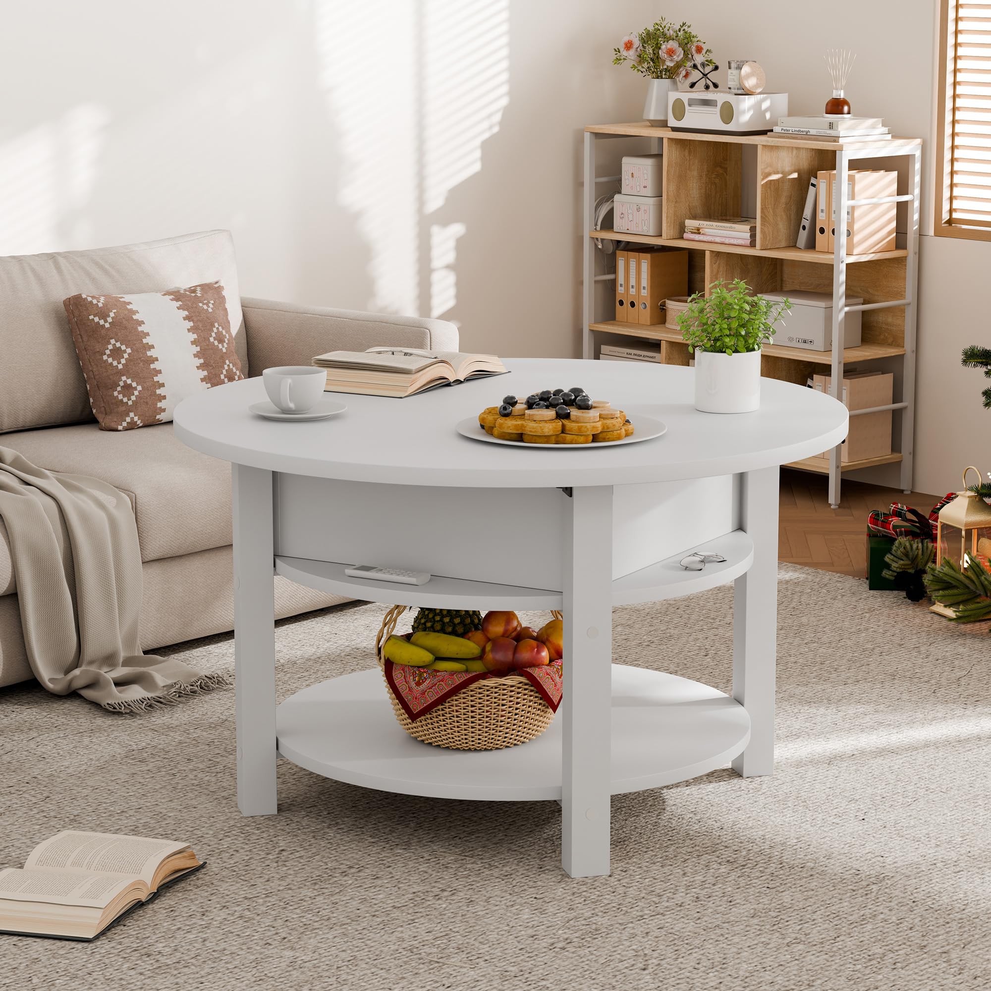 ELUCHANG Mesa de Centro Redonda Elevable y Extensible 2 en 1 para Salón y Oficina, Mesa de Cafe con Espacio de Almacenamiento de 2 Niveles, Madera en Blanco, 80x80cm