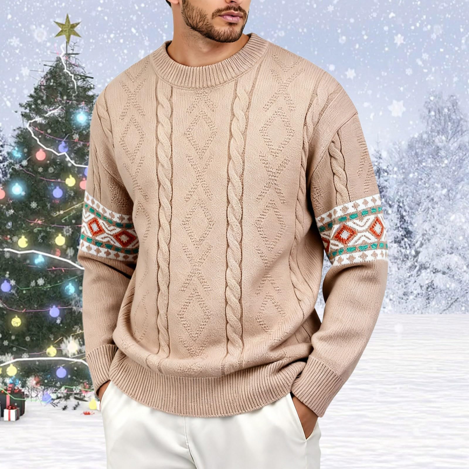 Generisch Maglione natalizio da uomo, girocollo, maglione natalizio, maglione a maniche lunghe, maglione termico per Natale, maglione a maniche lunghe