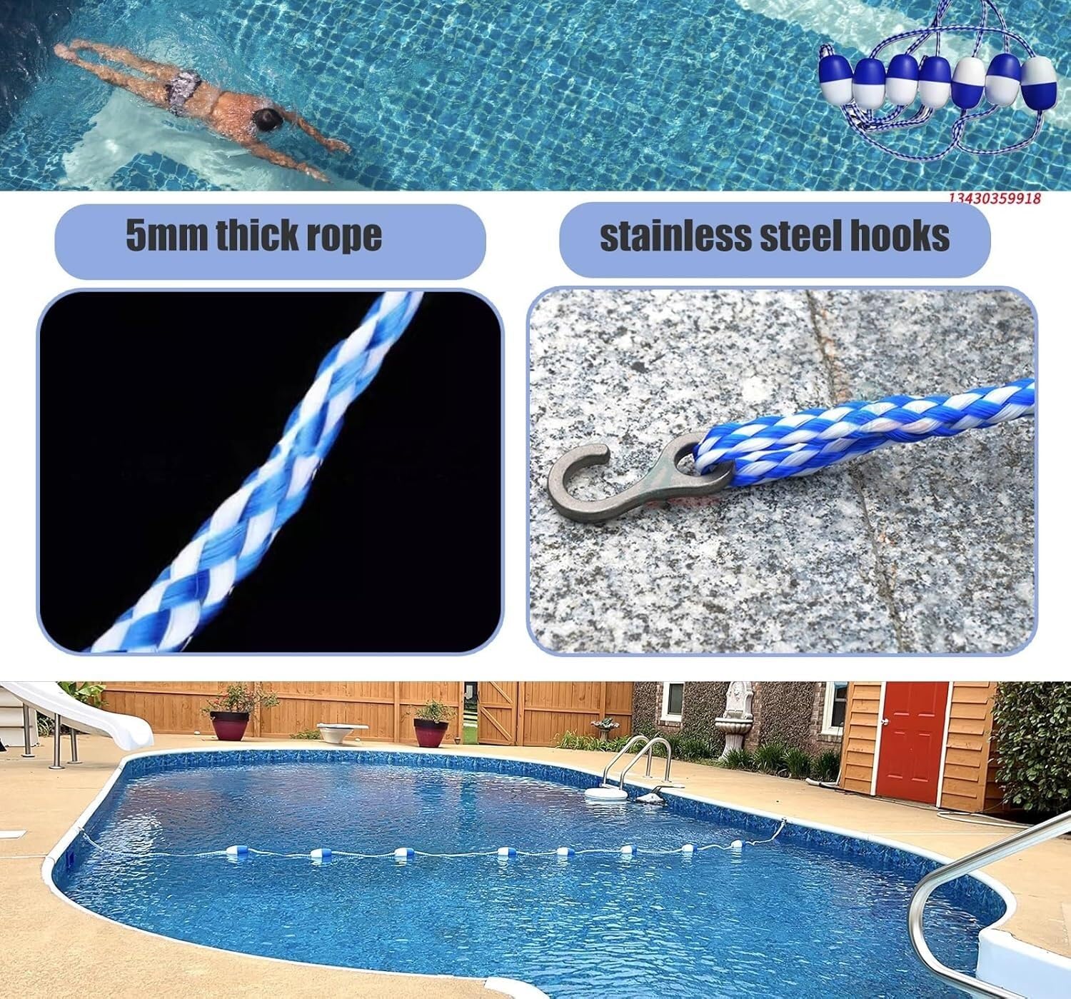 Kanduo Schwimmbecken-Sicherheitsseil mit Boje Schwimmbad-Trennseil mit Schwimmkörpern, Schwimmbahnseil mit Edelstahlhaken(50ft/15m)